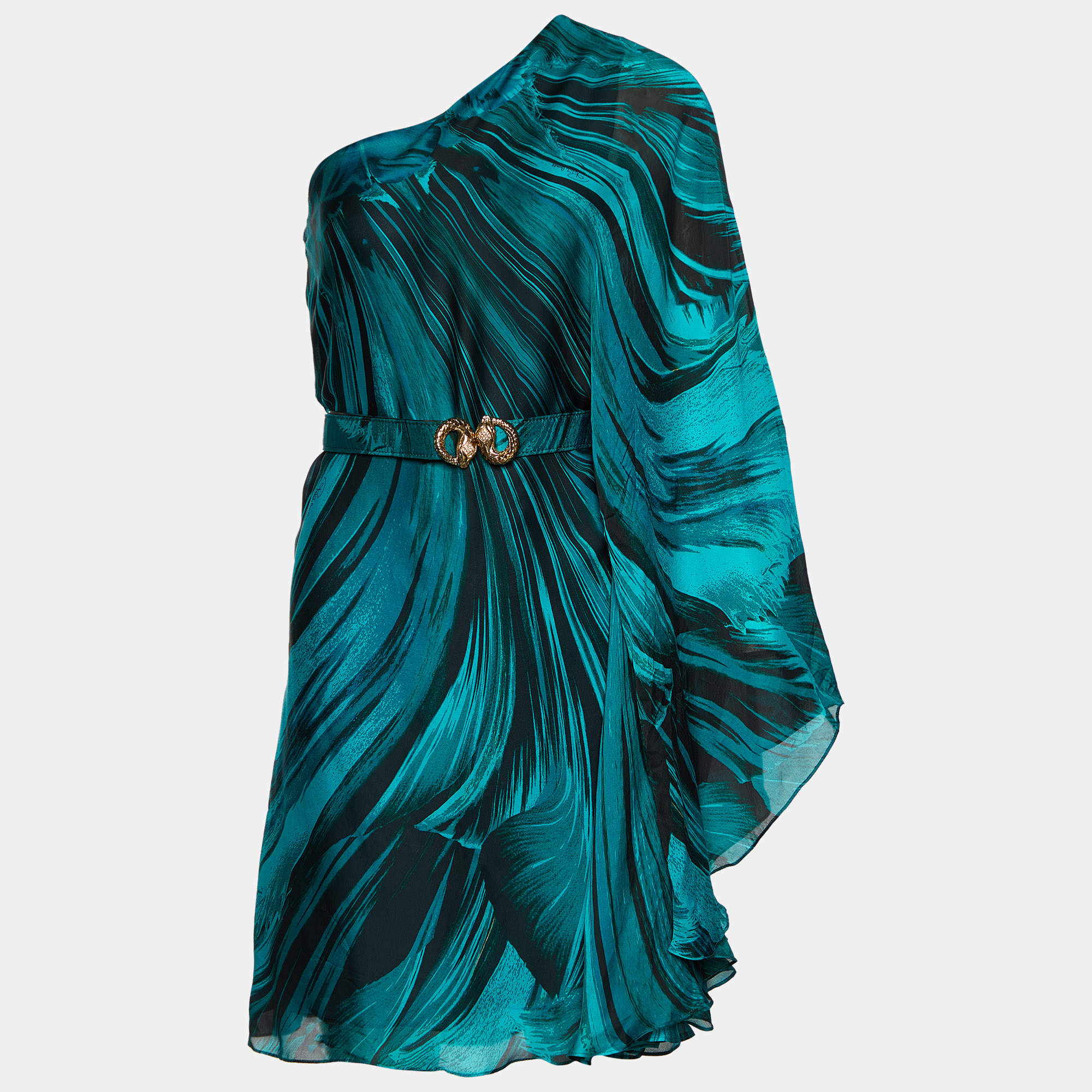 Pre Owned Roberto Cavalli Green Printed Silk One Shoulder Belted Kaftan Top M