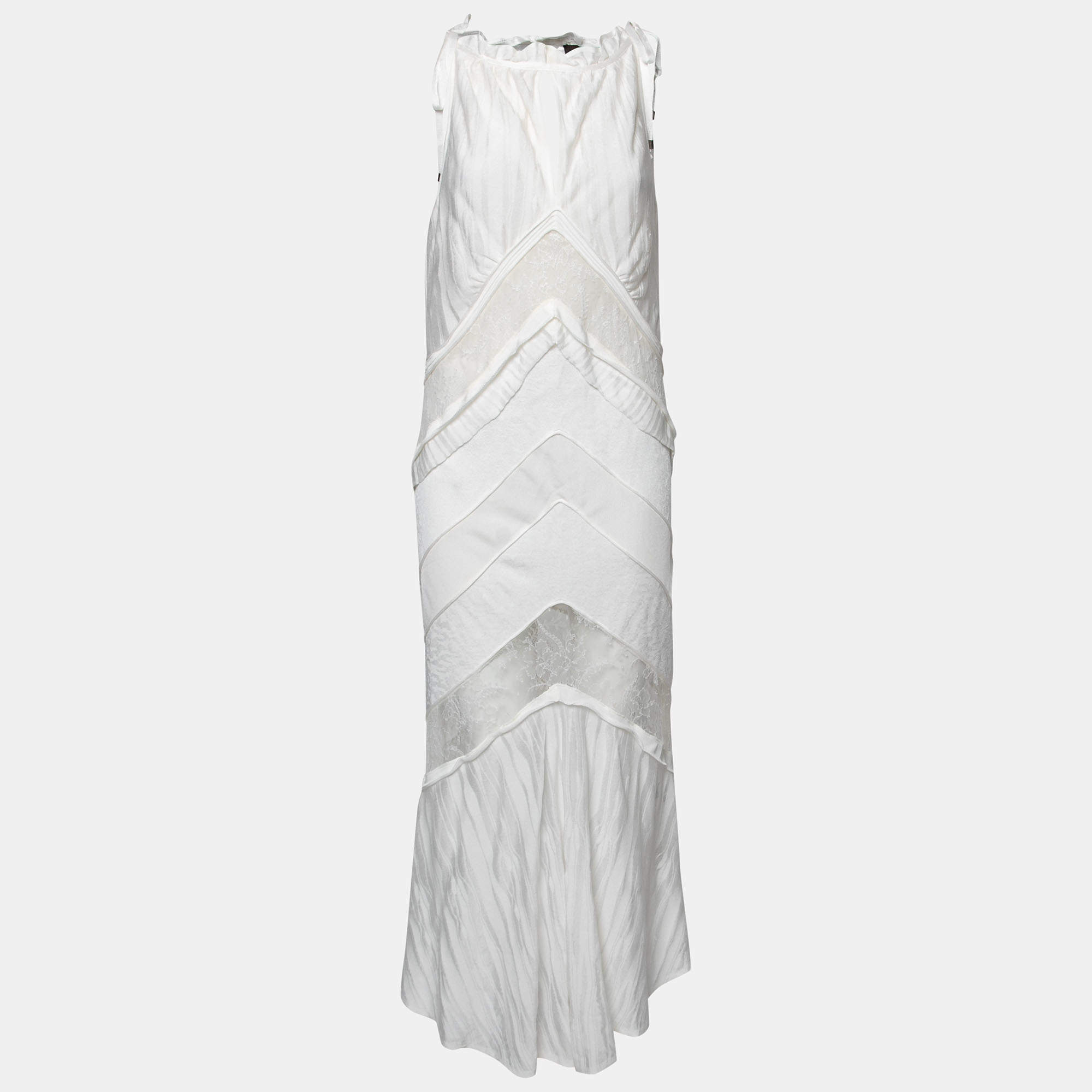 Pre Owned Roberto Cavalli White Patterned Knit & Lace Paneled Maxi Dress M