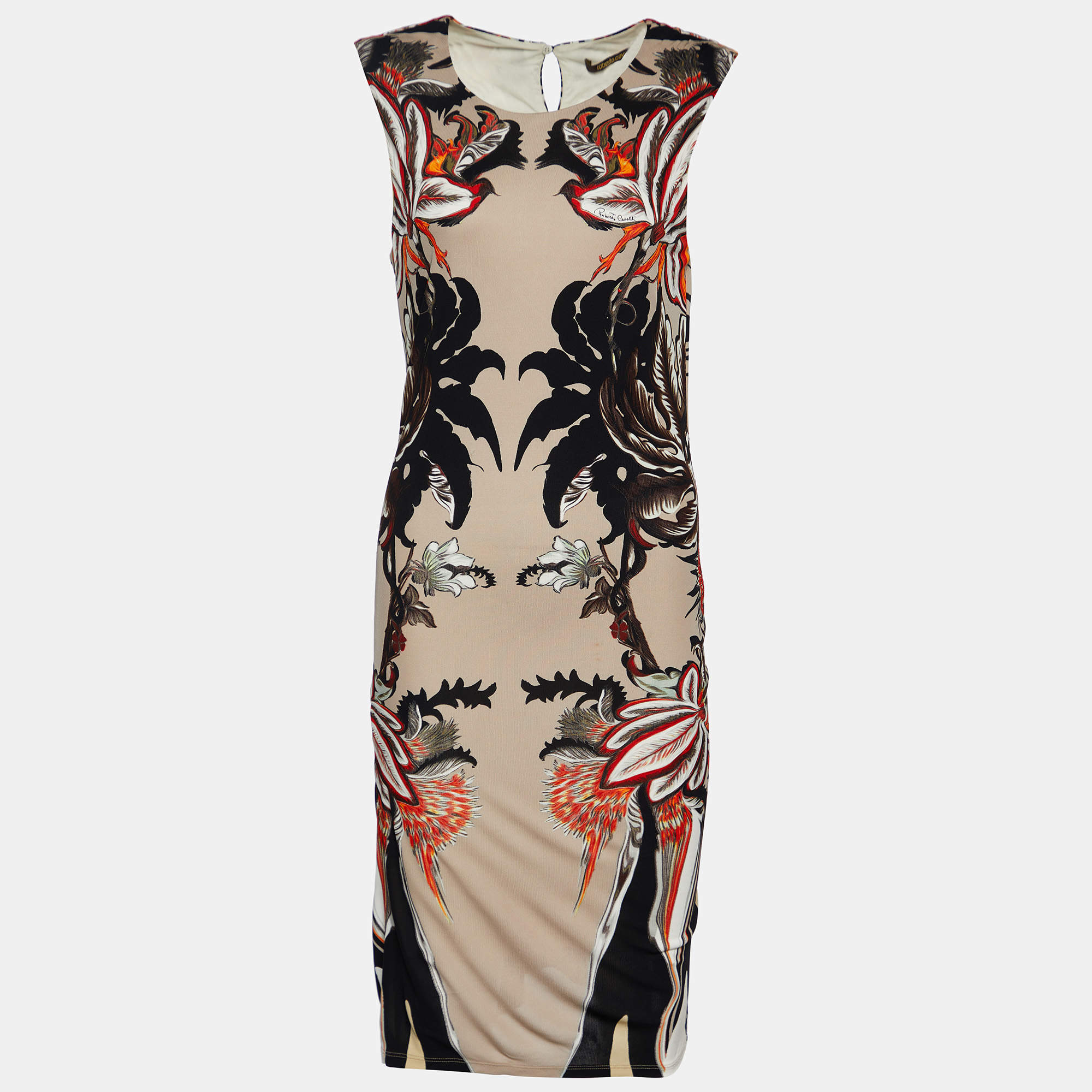 Pre Owned Roberto Cavalli Beige Floral Print Jersey Sleeveless Dress M