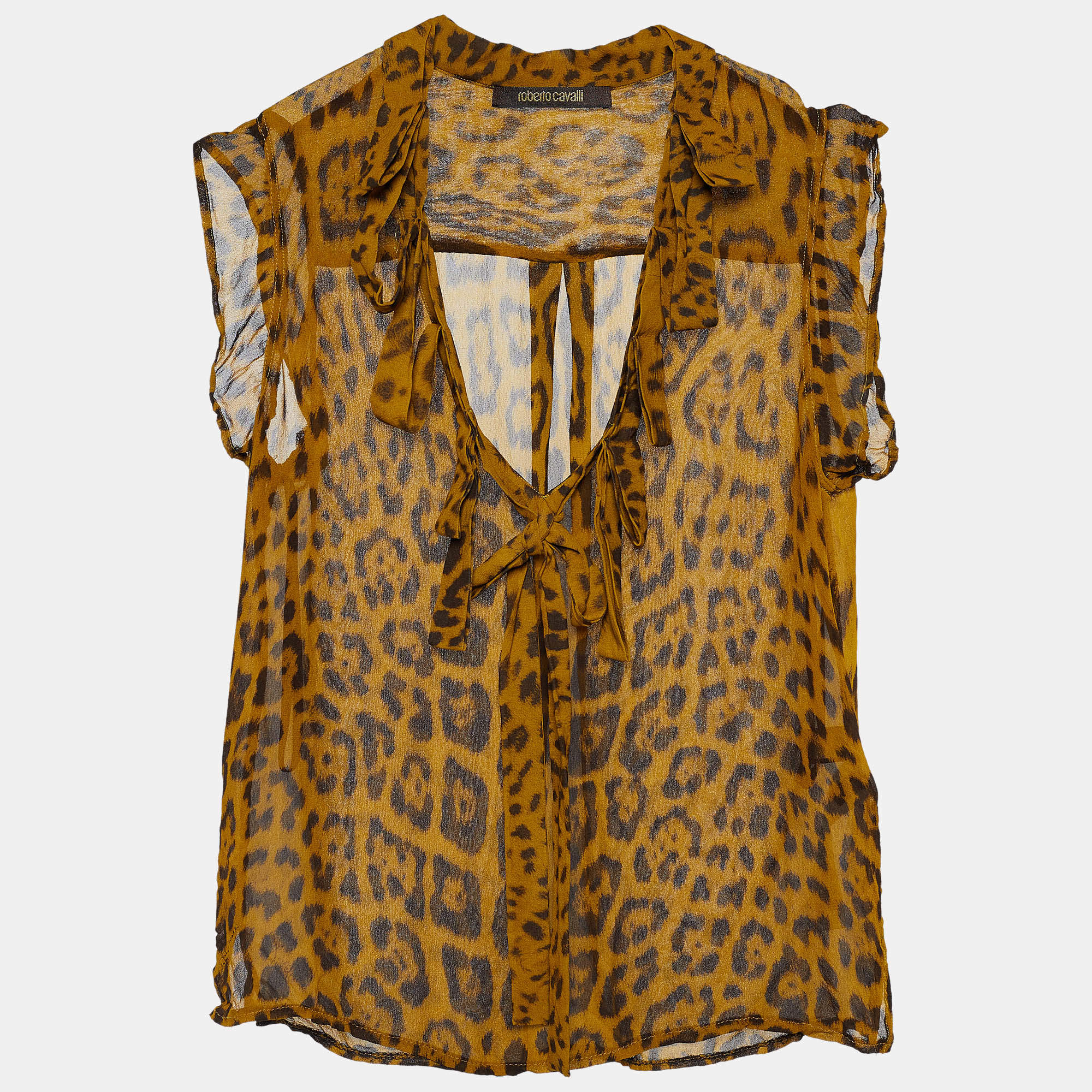 Pre Owned Roberto Cavalli Brown Animal Print Silk Sheer Blouse M 