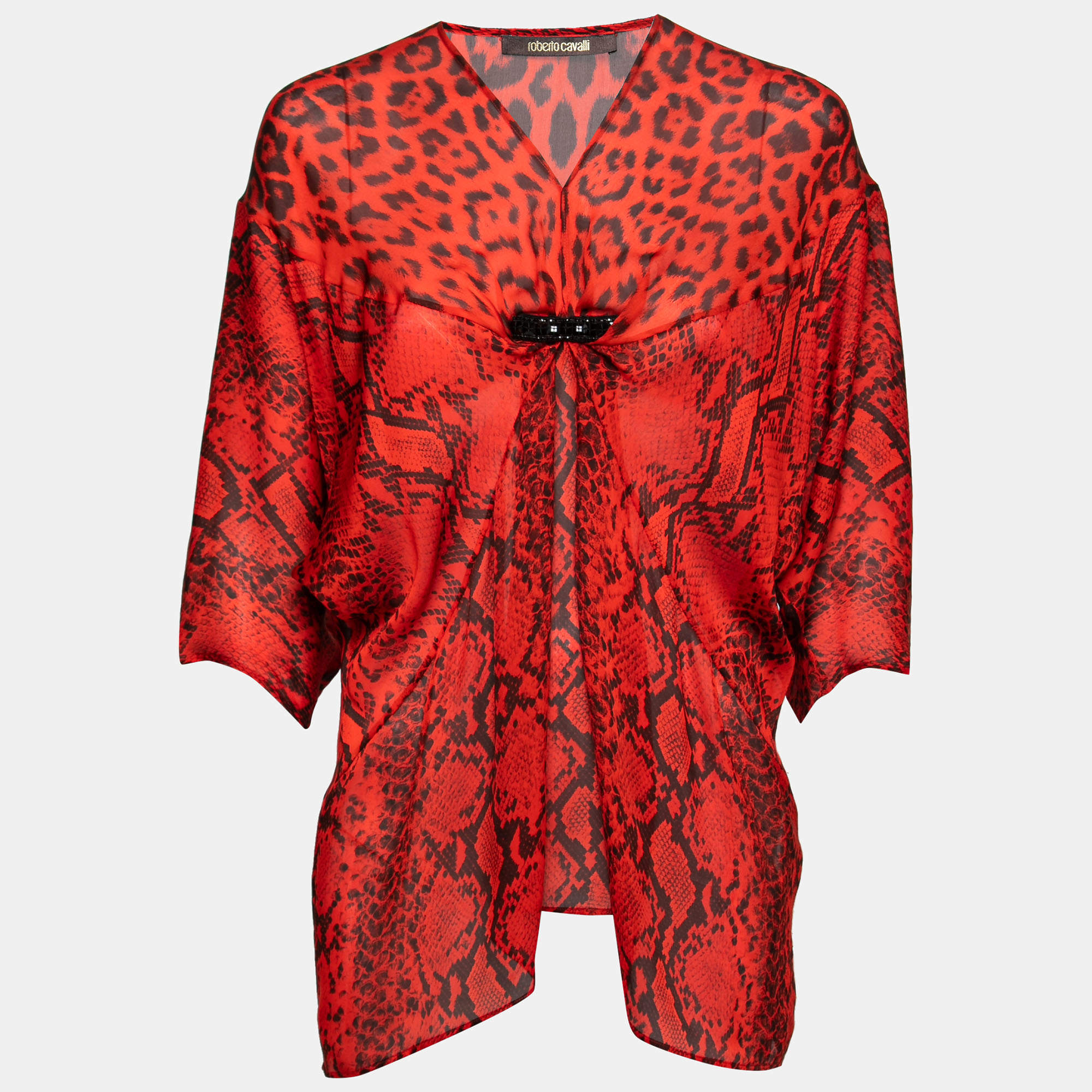 Pre Owned Roberto Cavalli Red Animal Print Silk Top One Size   