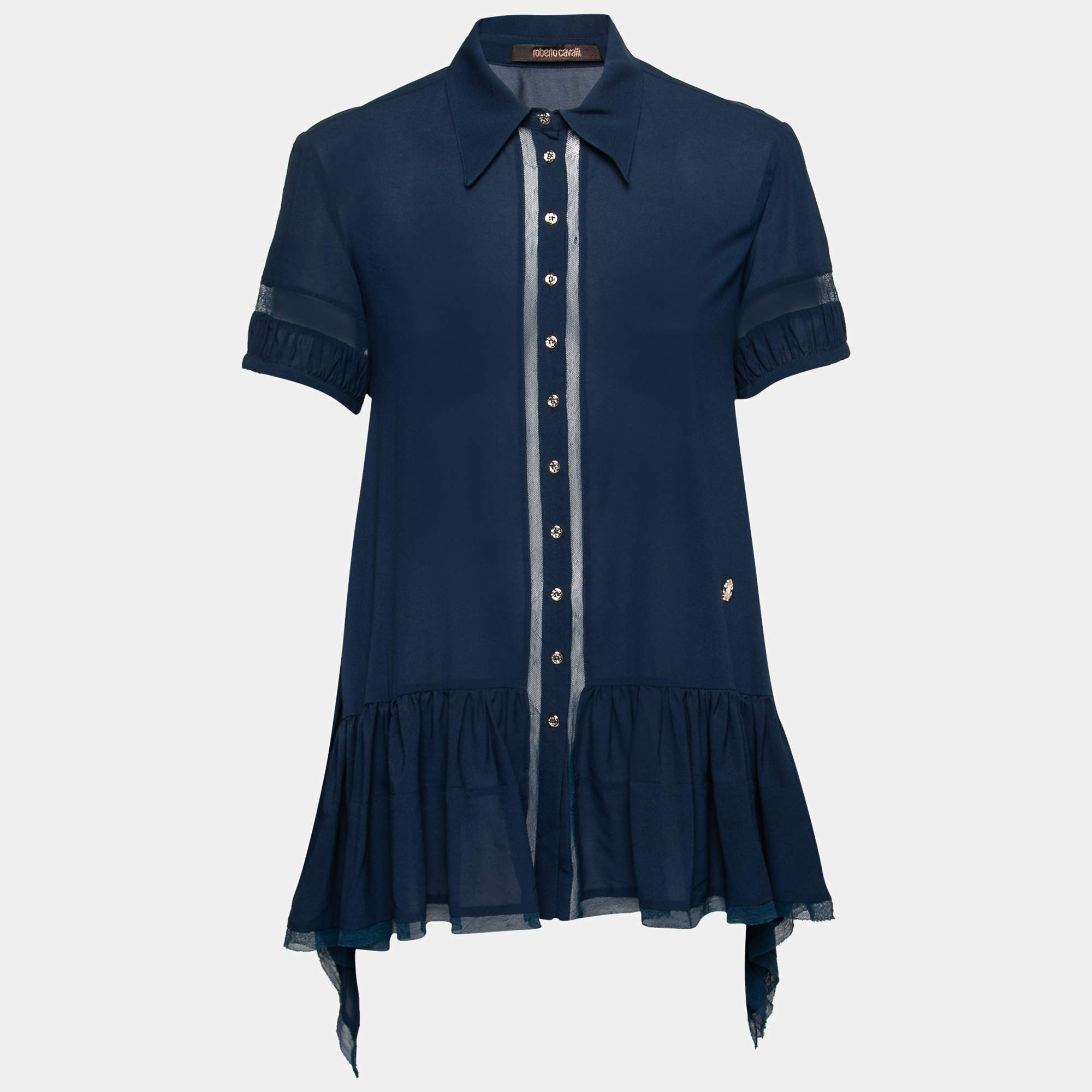 Pre Owned Roberto Cavalli Dark Blue Silk Ruffled Hem Top S  