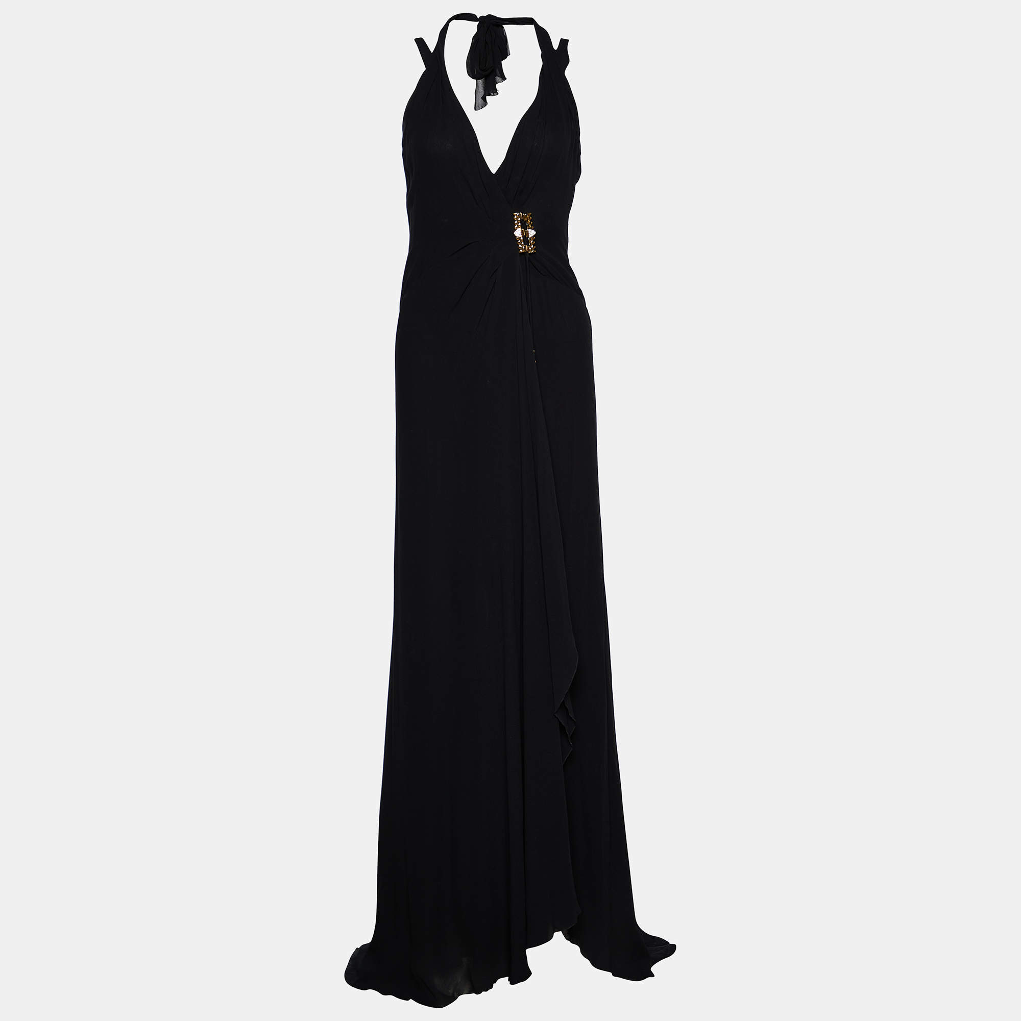 Roberto Cavalli Black Silk Halter Neck Long Dress S
