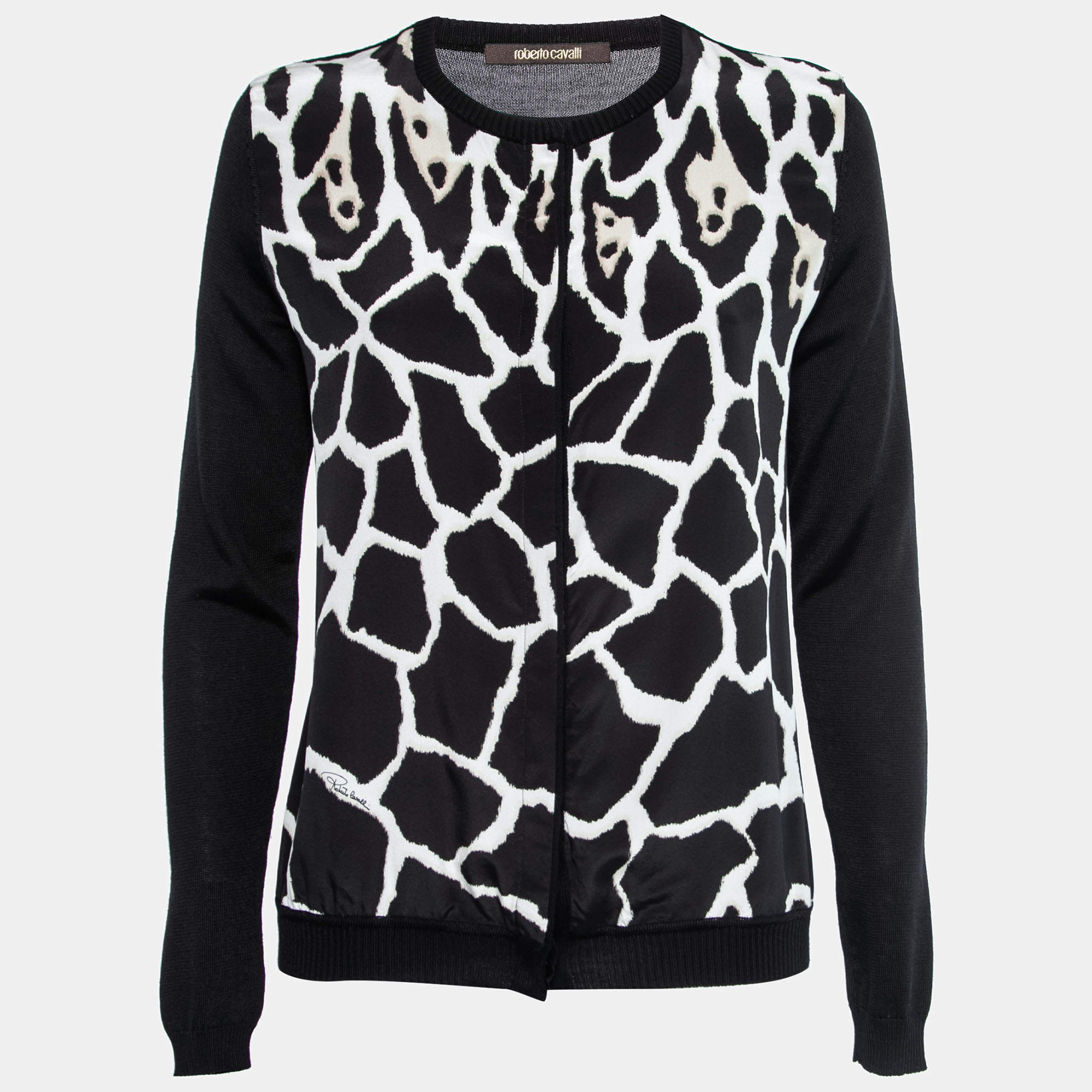 Pre Owned Roberto Cavalli Black Printed Silk Inset & Knit Long-Sleeve Cardigan S