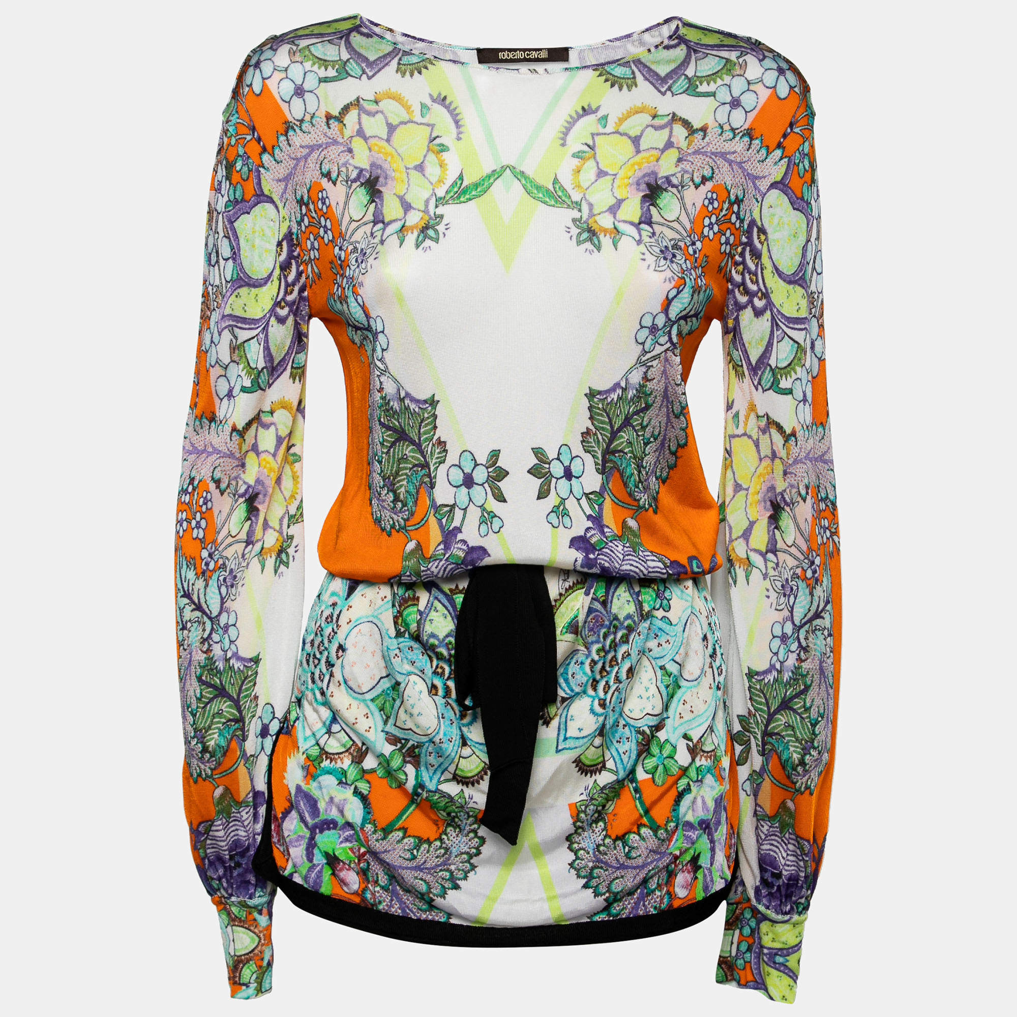 Pre Owned Roberto Cavalli Multicolor Printed Jersey Knit Belted Mini Dress S