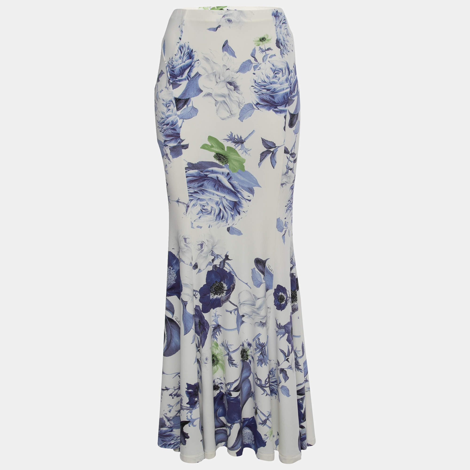 Pre Owned Roberto Cavalli White Floral Print Stretch-Jersey Maxi Skirt L
