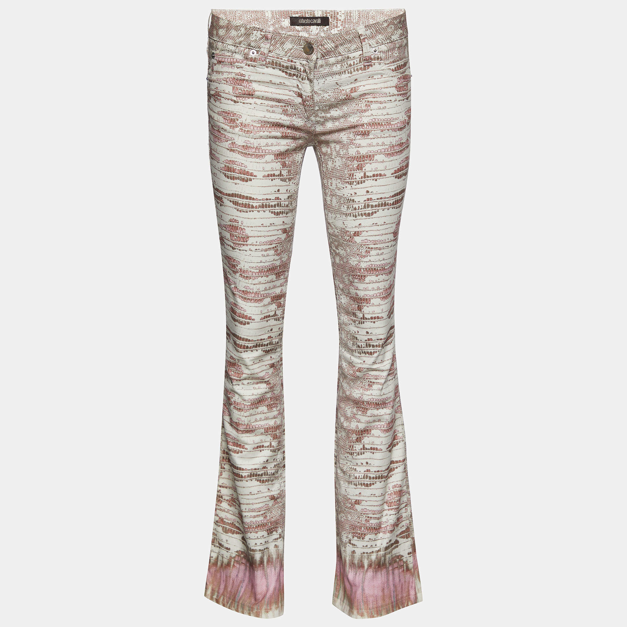 Pre Owned Roberto Cavalli White Animal Printed Denim Flared Leg Jeans S