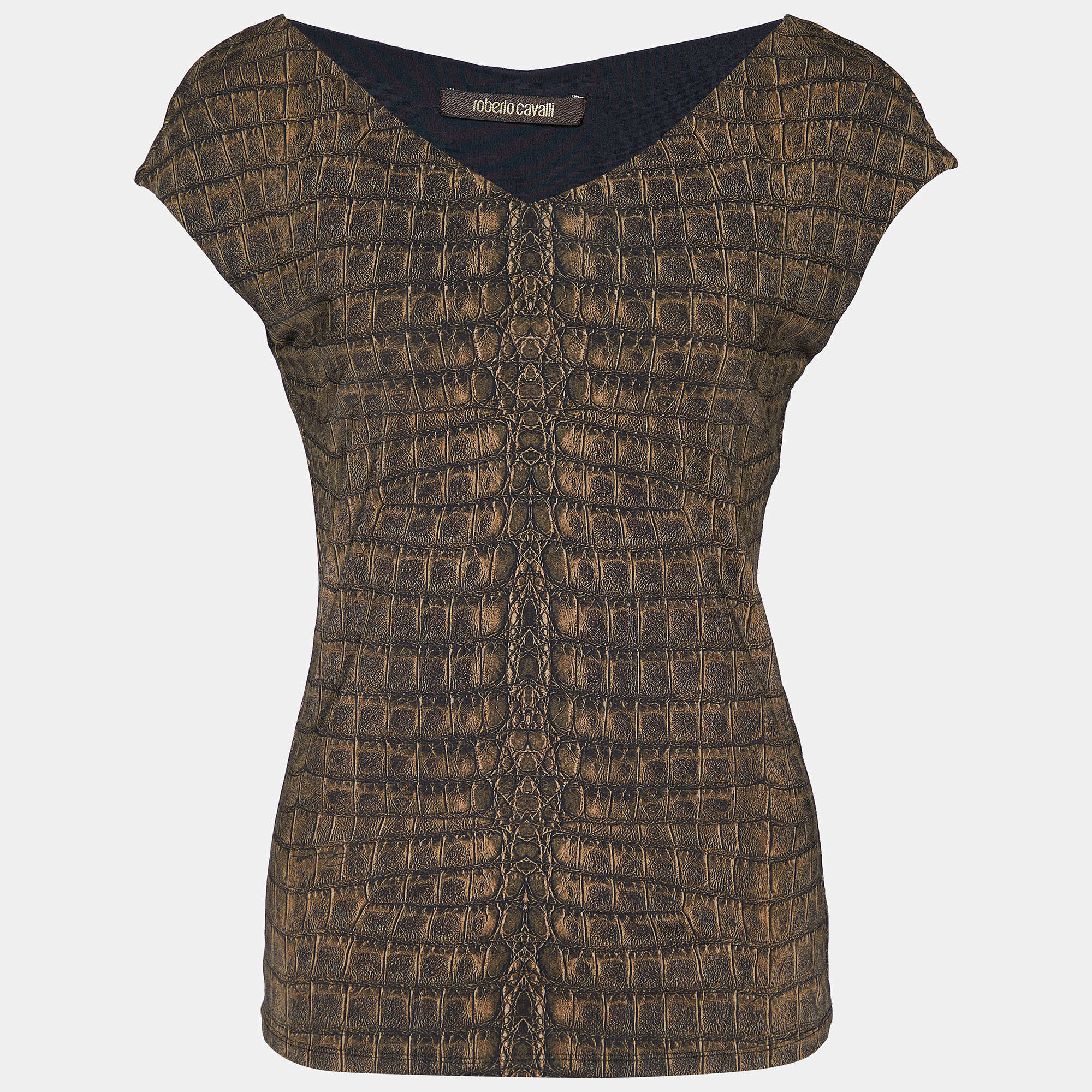 Pre Owned Roberto Cavalli Brown Printed Jersey T-Shirt M