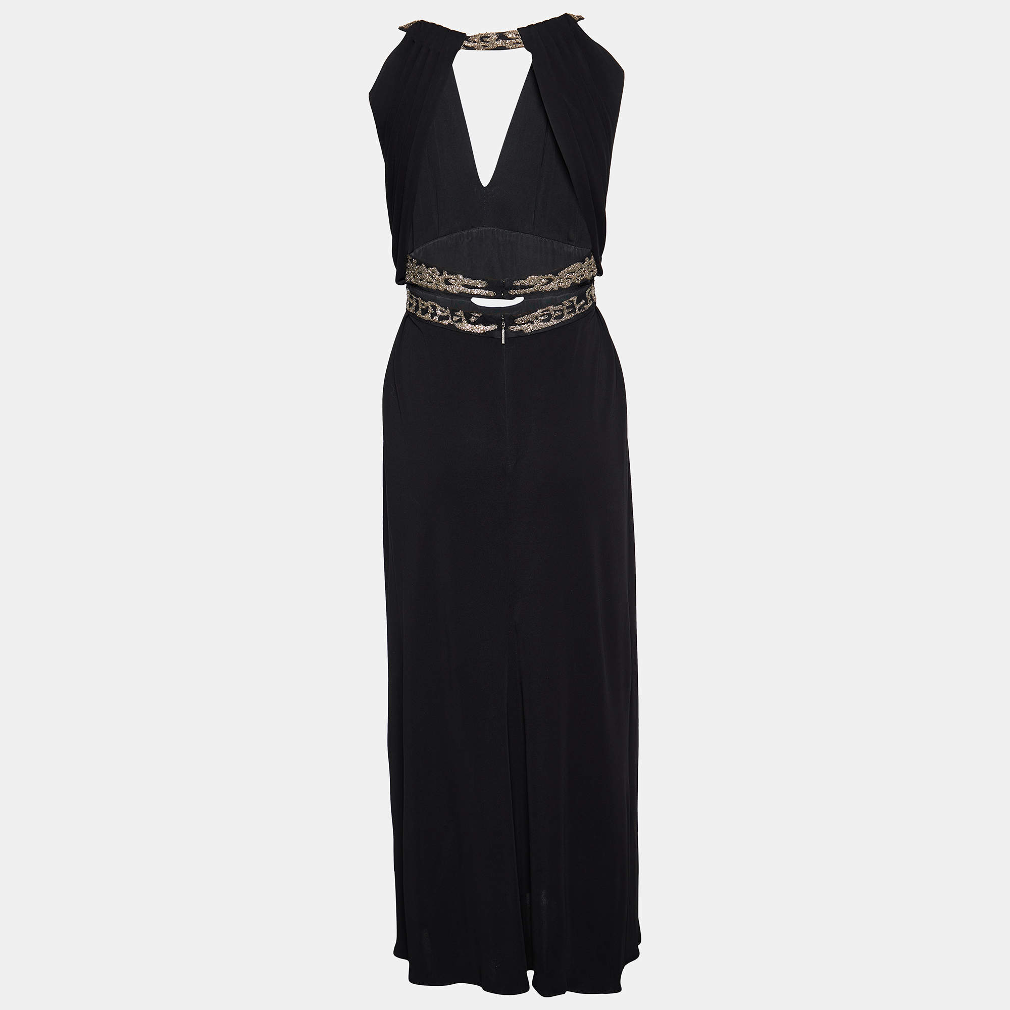 Pre Owned Roberto Cavalli Black Jersey Embellished Cutout Maxi Dress S