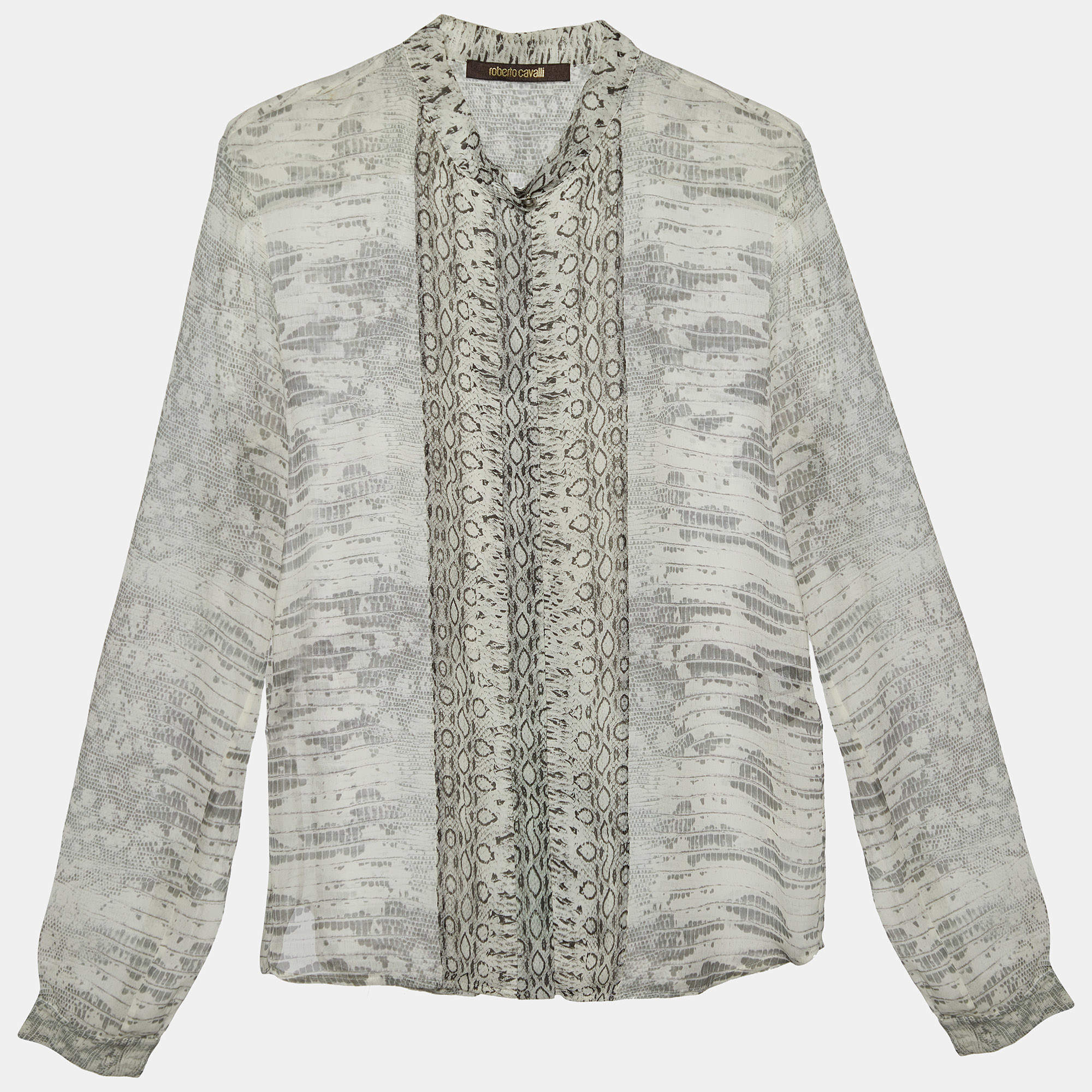 Pre Owned Roberto Cavalli Light Grey Snakeskin Printed Silk Button Front Shirt S