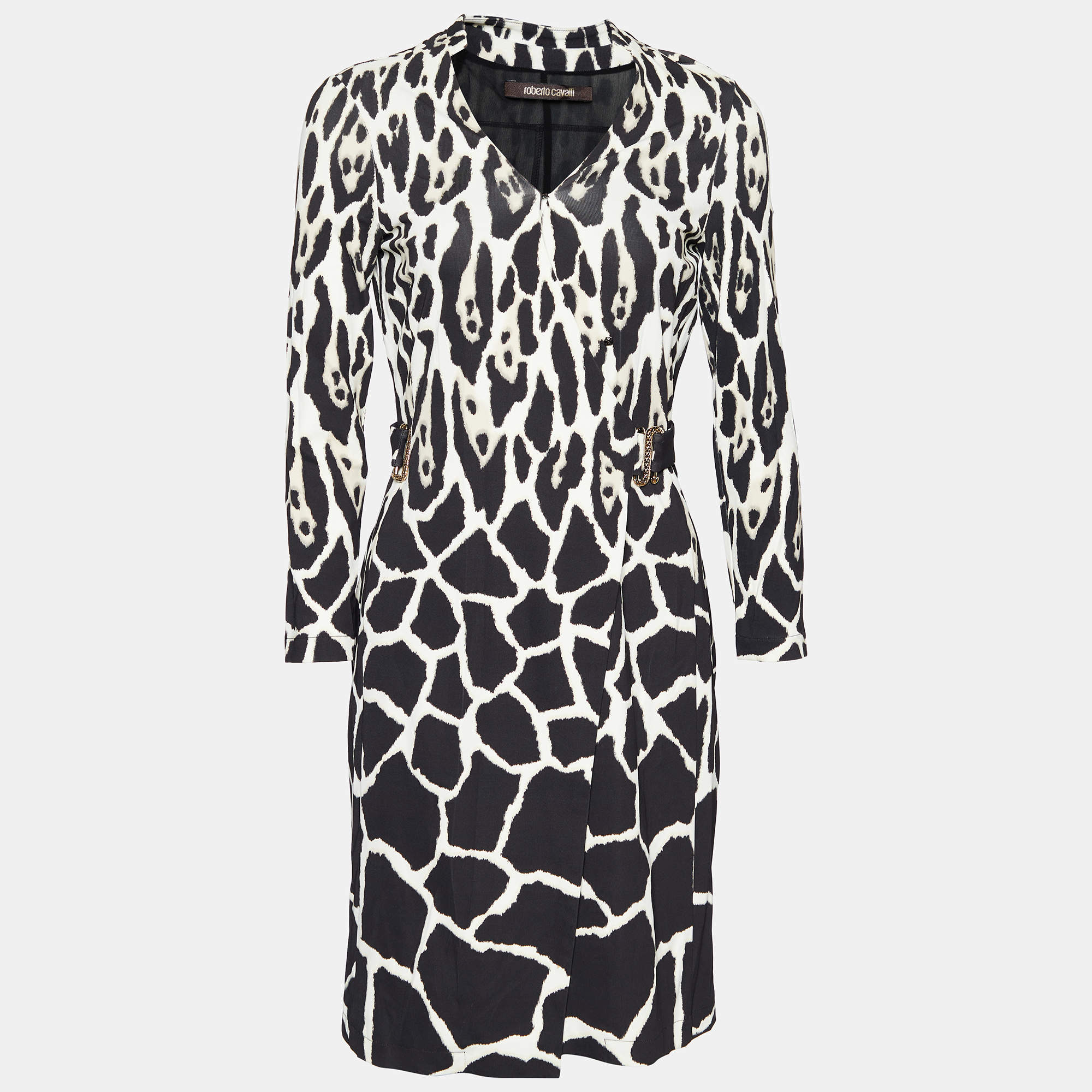 Pre Owned Roberto Cavalli Black Animal Print Jersey Belted Wrap Dress M