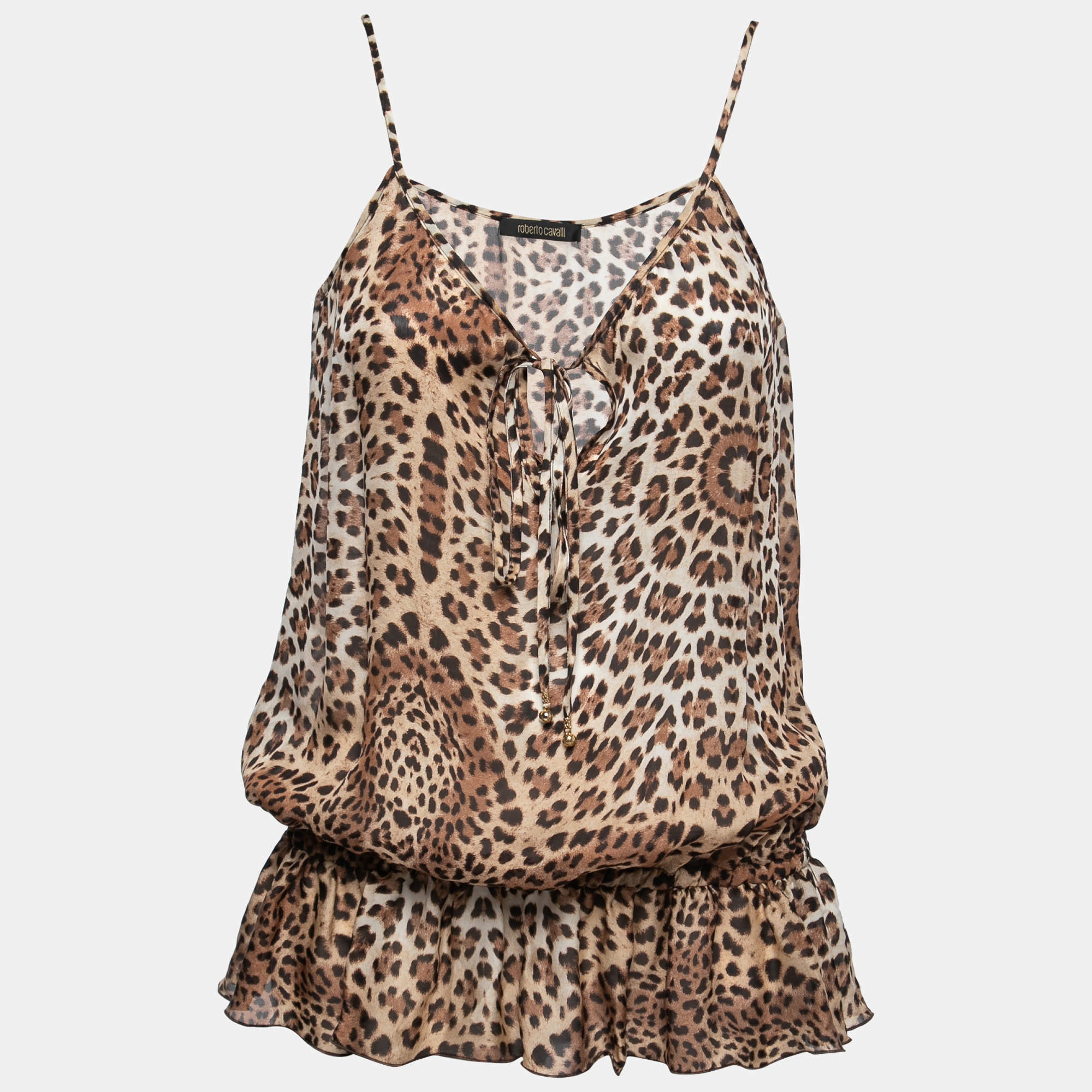 Pre Owned Roberto Cavalli Brown Animal Printed Silk Sleeveless Top M