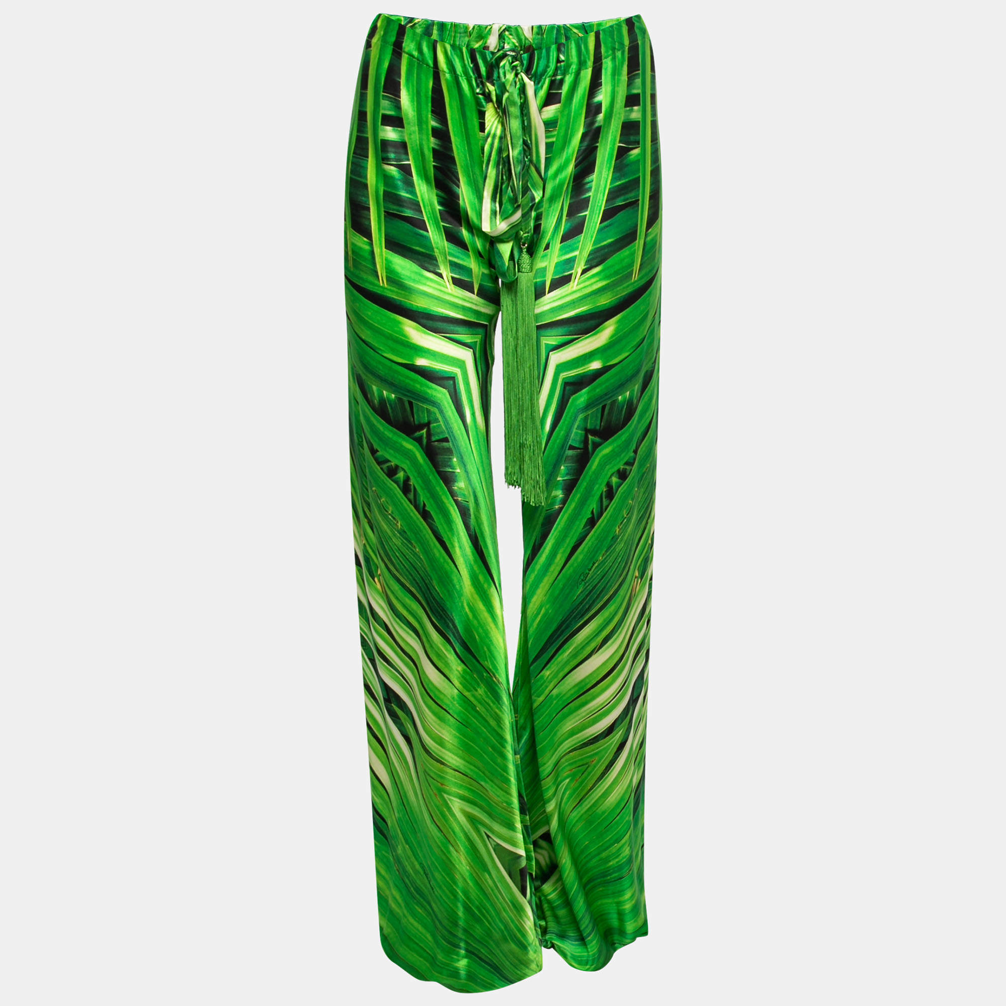 Pre Owned Roberto Cavalli Green Printed Silk Tassel-Tie Harem Pants S