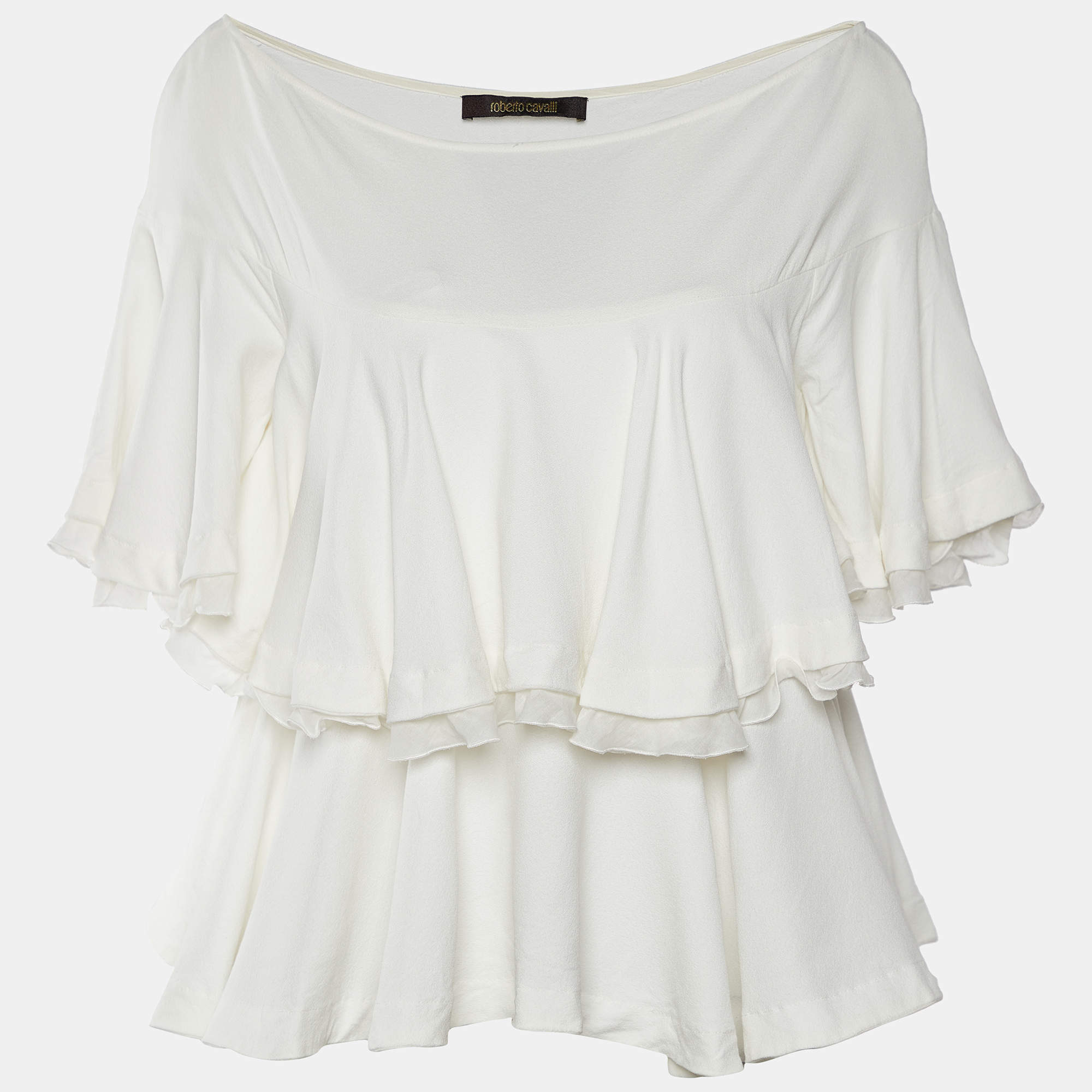 Pre Owned Roberto Cavalli White Crepe Ruffled Blouse S