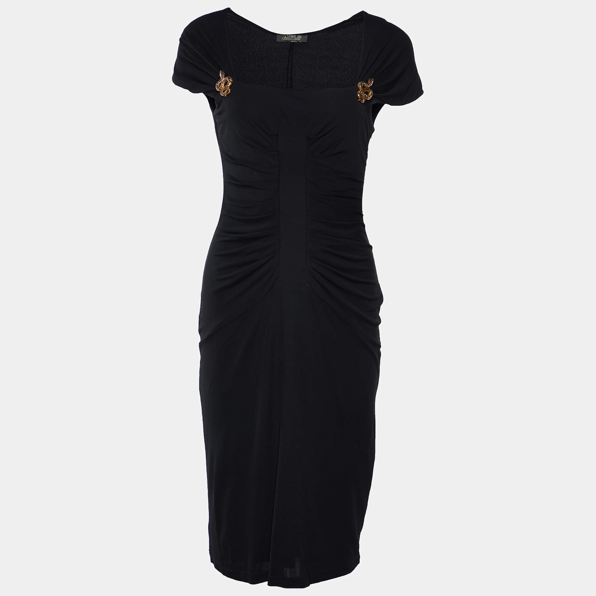 مملوكة مسبقًا Roberto Cavalli Black Jersey Ruched Detail Mini Dress M