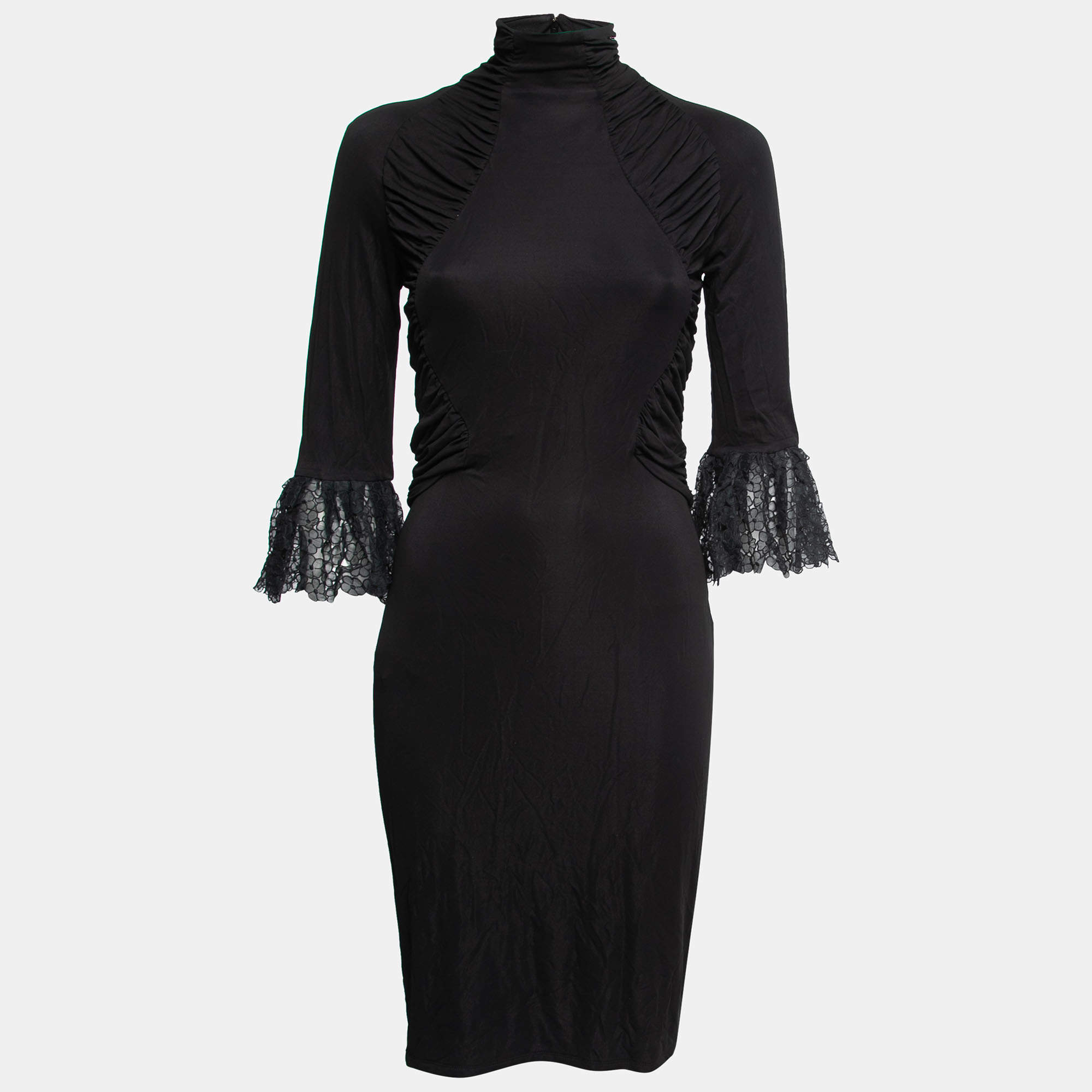 Pre Owned Roberto Cavalli Black Jersey Ruched Midi Dress S