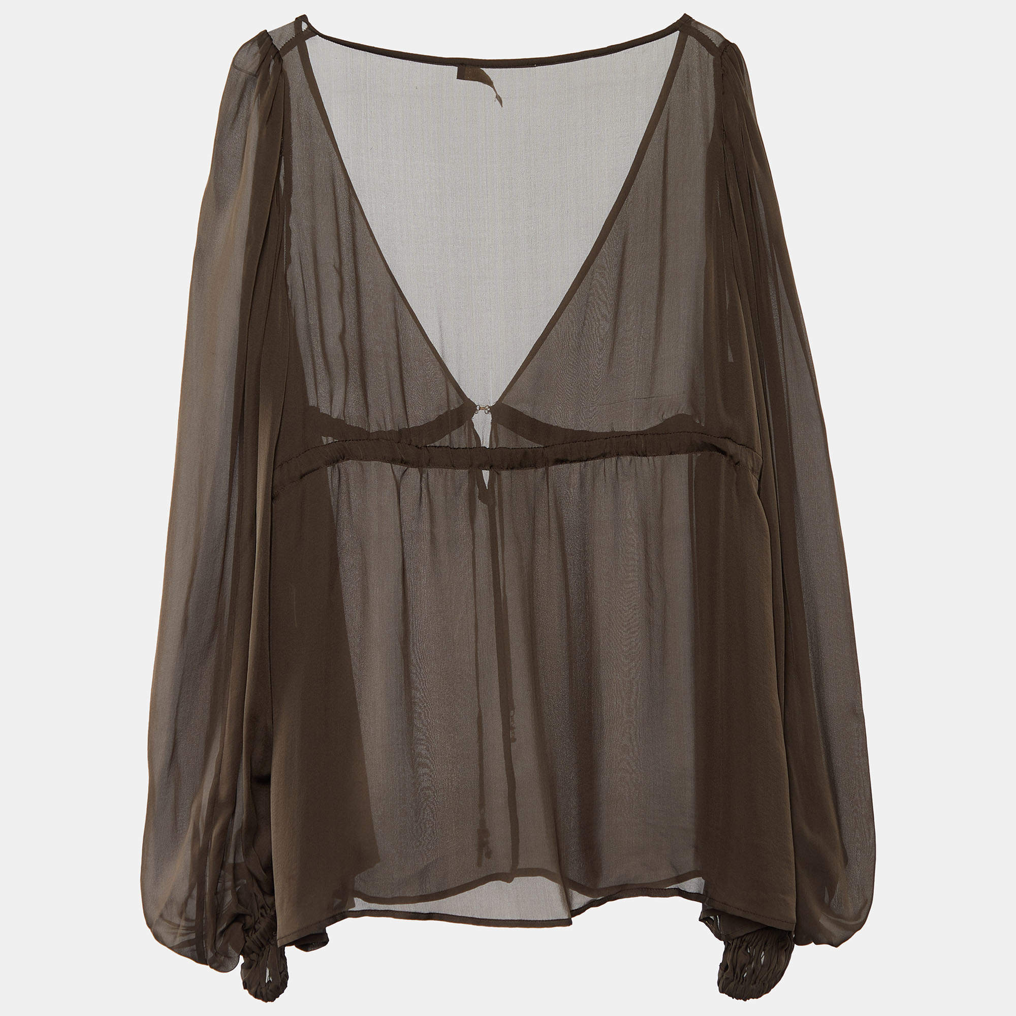 Roberto Cavalli Brown Silk Bell Sleeve Top L