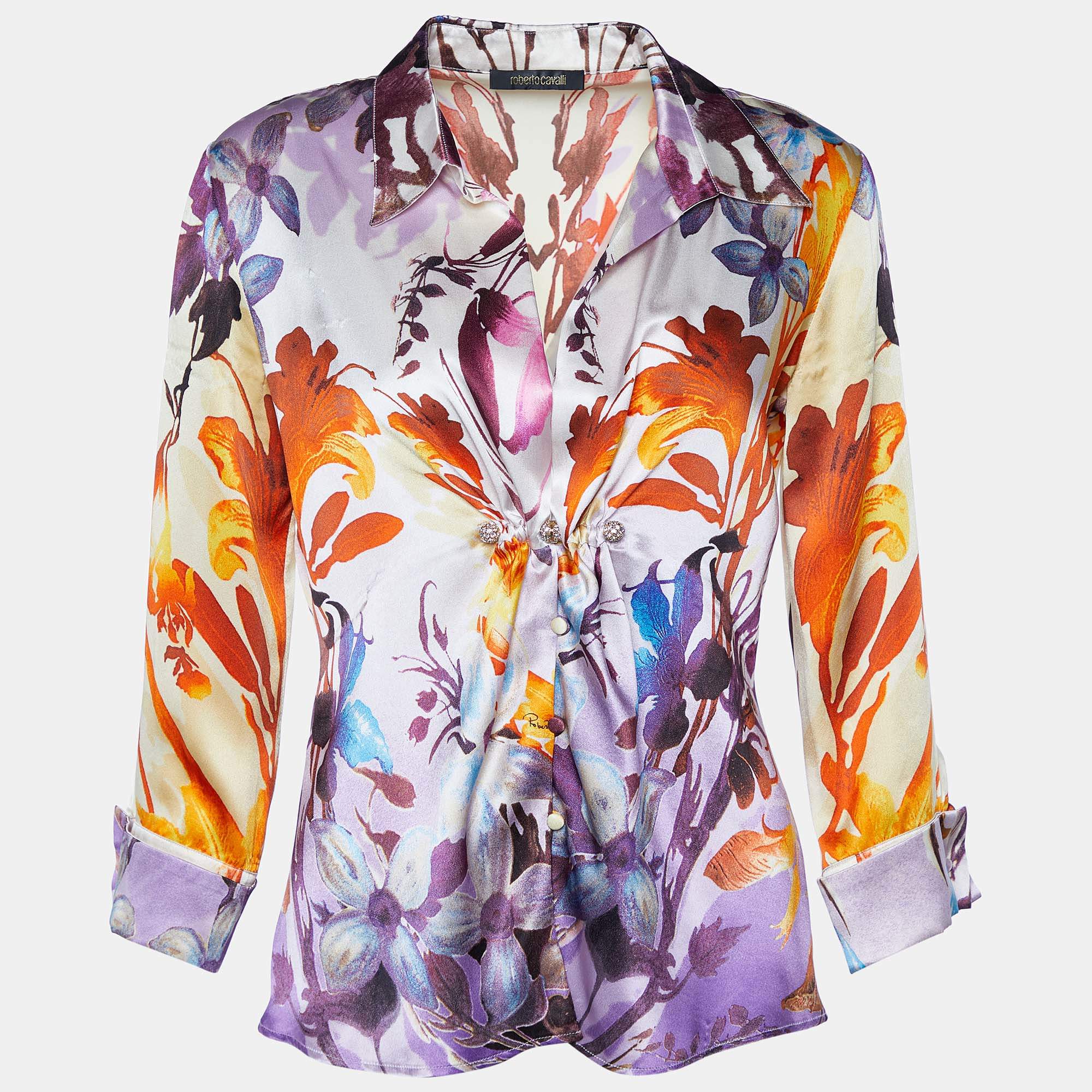 Pre Owned Roberto Cavalli Multicolor Floral Printed Silk Satin Shirt M