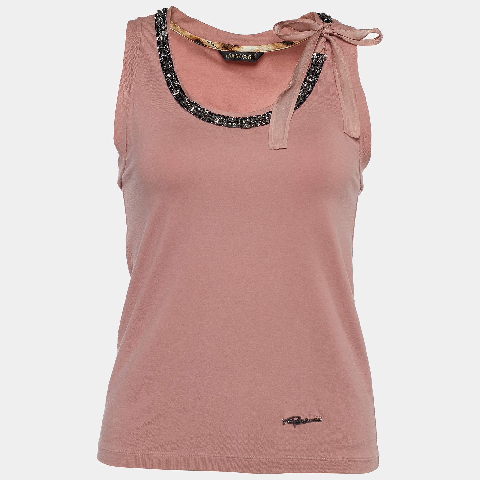 مملوكة مسبقًا Roberto Cavalli Dusty Pink Embellished Neck Tank Top M