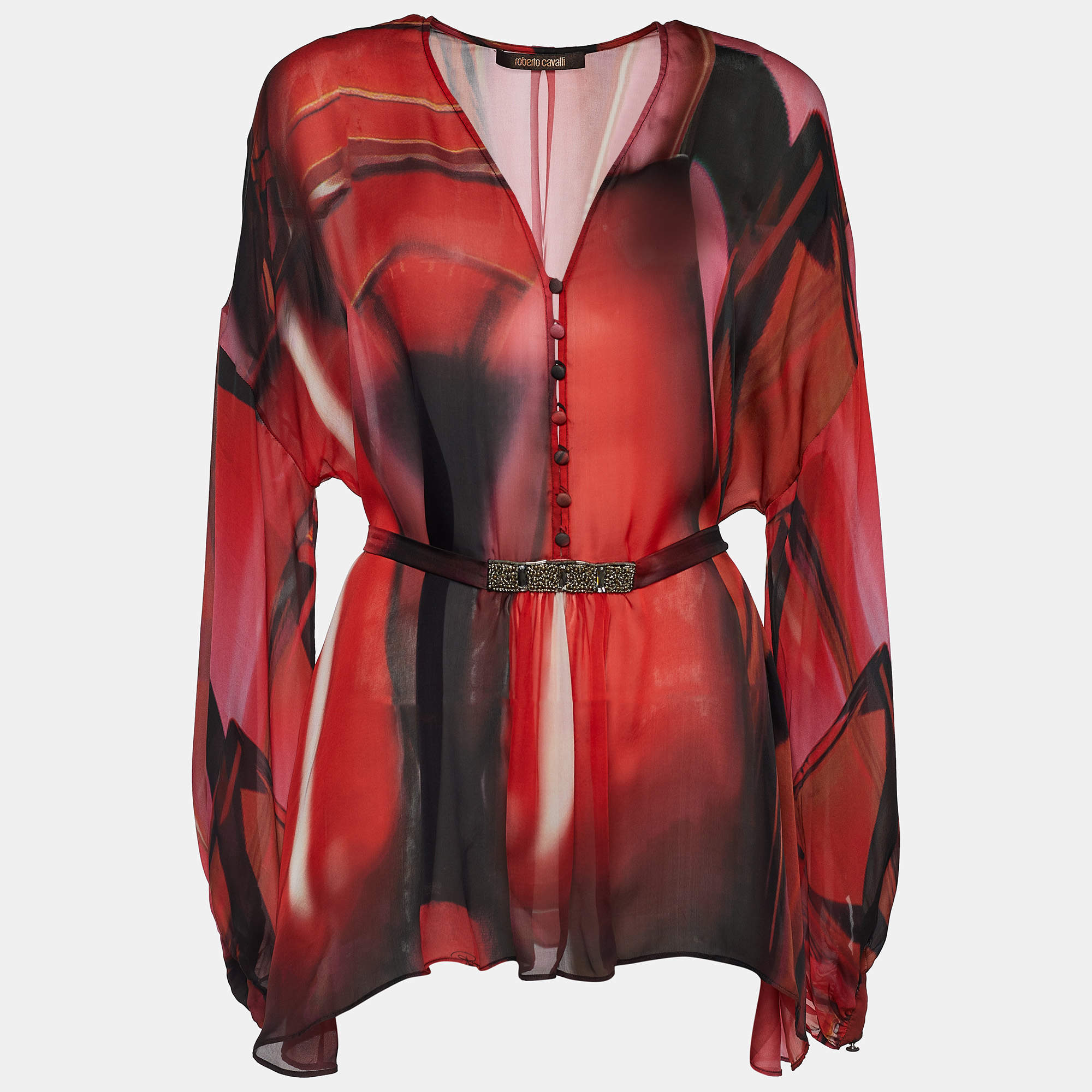 Pre Owned Roberto Cavalli Red Abstract Print Silk Embellished Detail Blouse L
