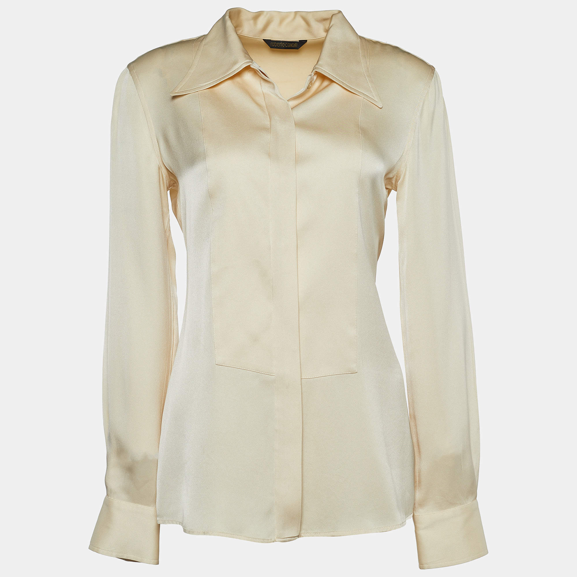 Pre Owned Roberto Cavalli Cream Satin Silk Button Front Shirt M