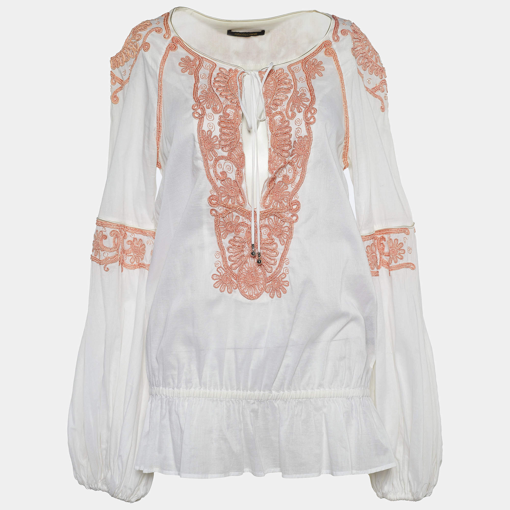 مملوكة مسبقًا Roberto Cavalli White Embellished Cotton Peasant Blouse M