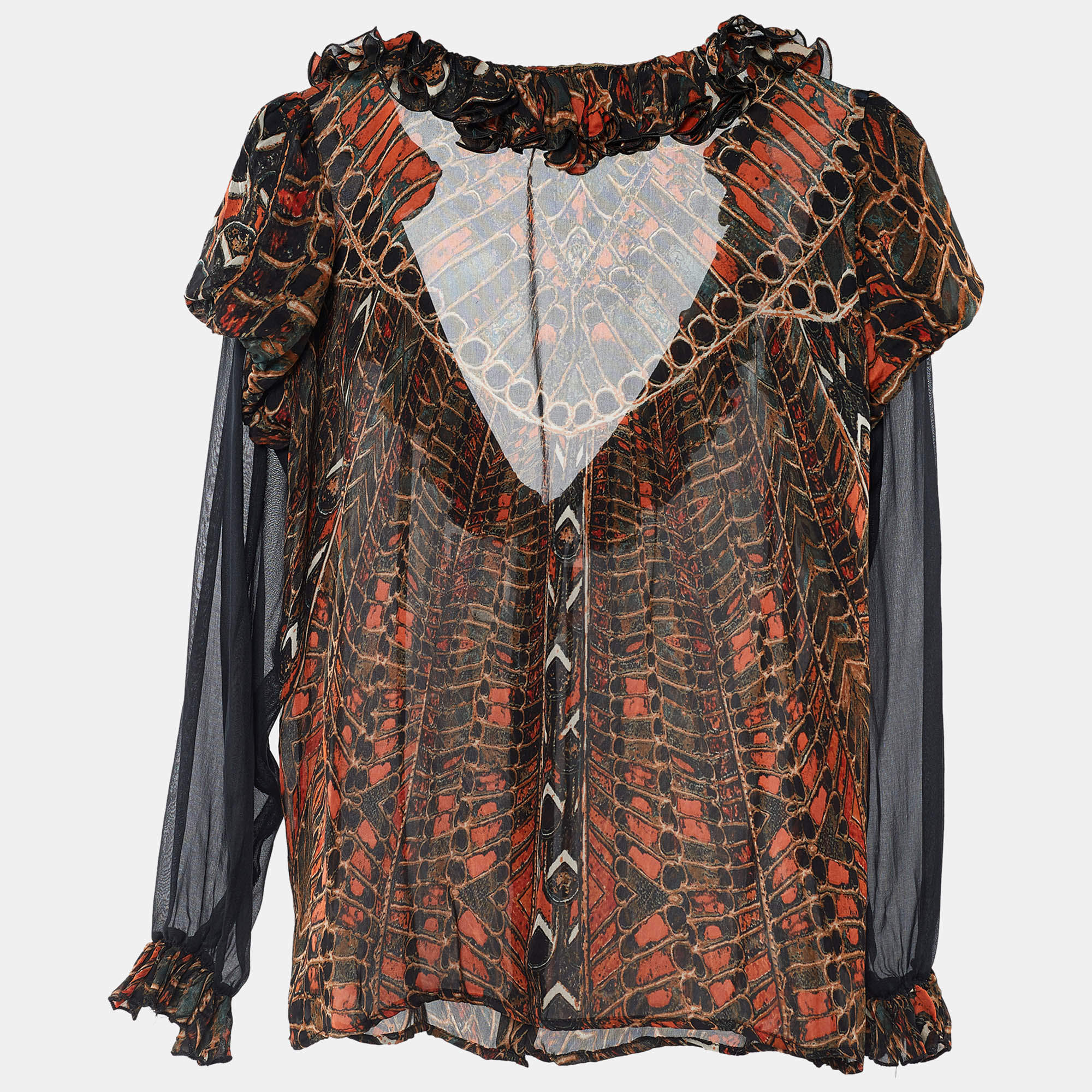 Pre Owned Roberto Cavalli Black & Brown Printed Silk Ruffled Blouse M