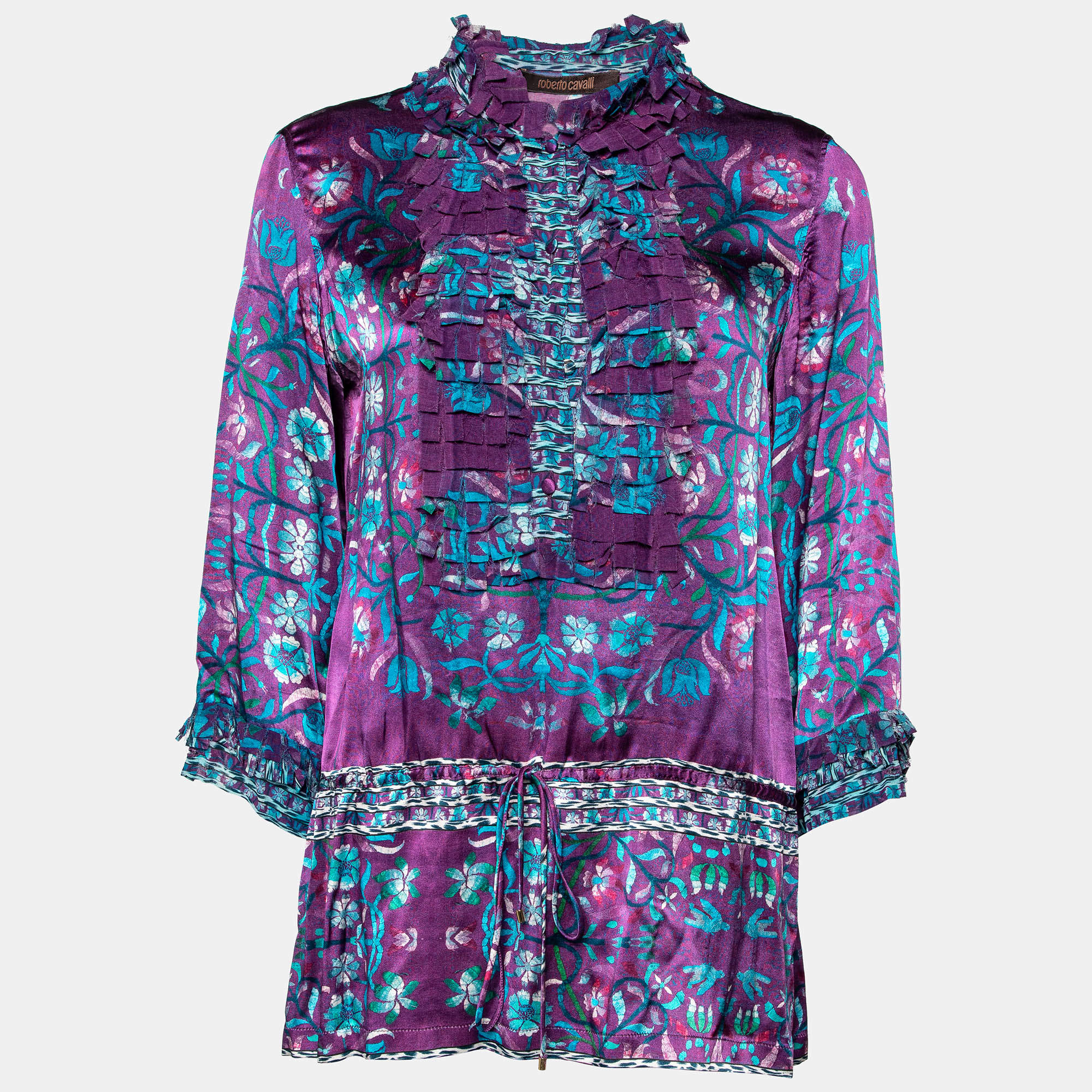 Pre Owned Roberto Cavalli Purple Floral Print Silk Blouse M