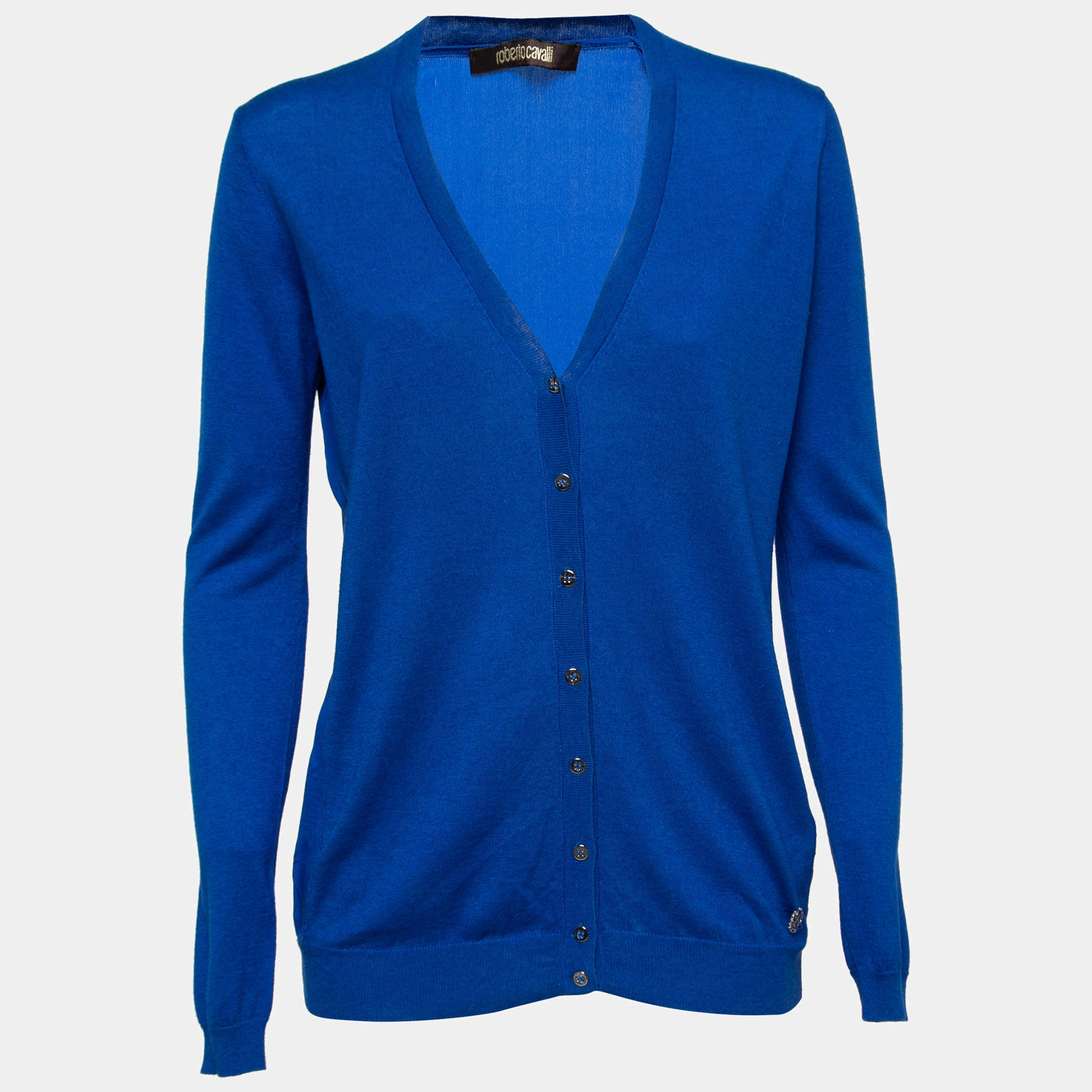 Pre Owned Roberto Cavalli Royal Blue Silk & Wool Paneled Cardigan S