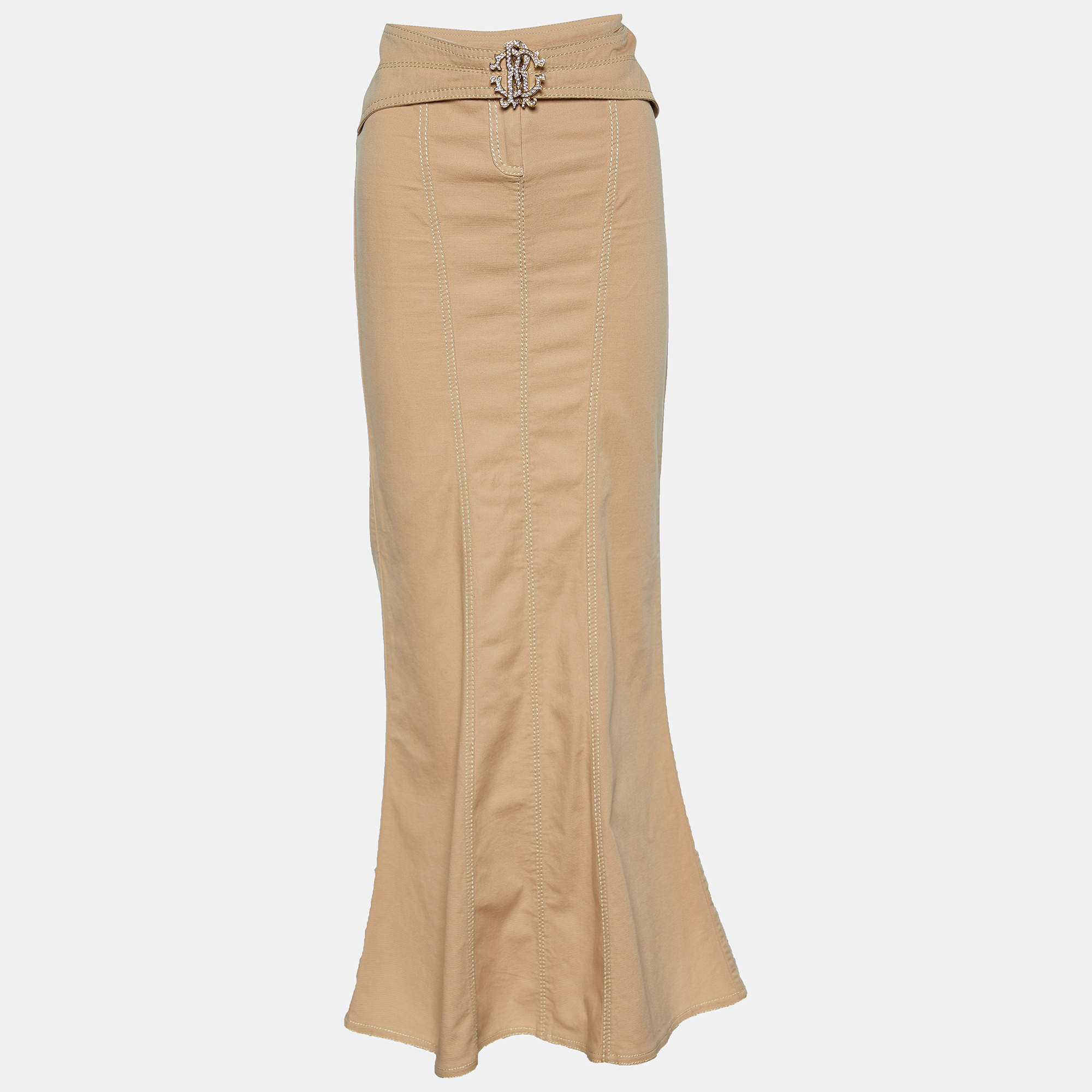 Pre Owned Roberto Cavalli Beige Cotton Belt Detailed Maxi Mermaid Skirt M