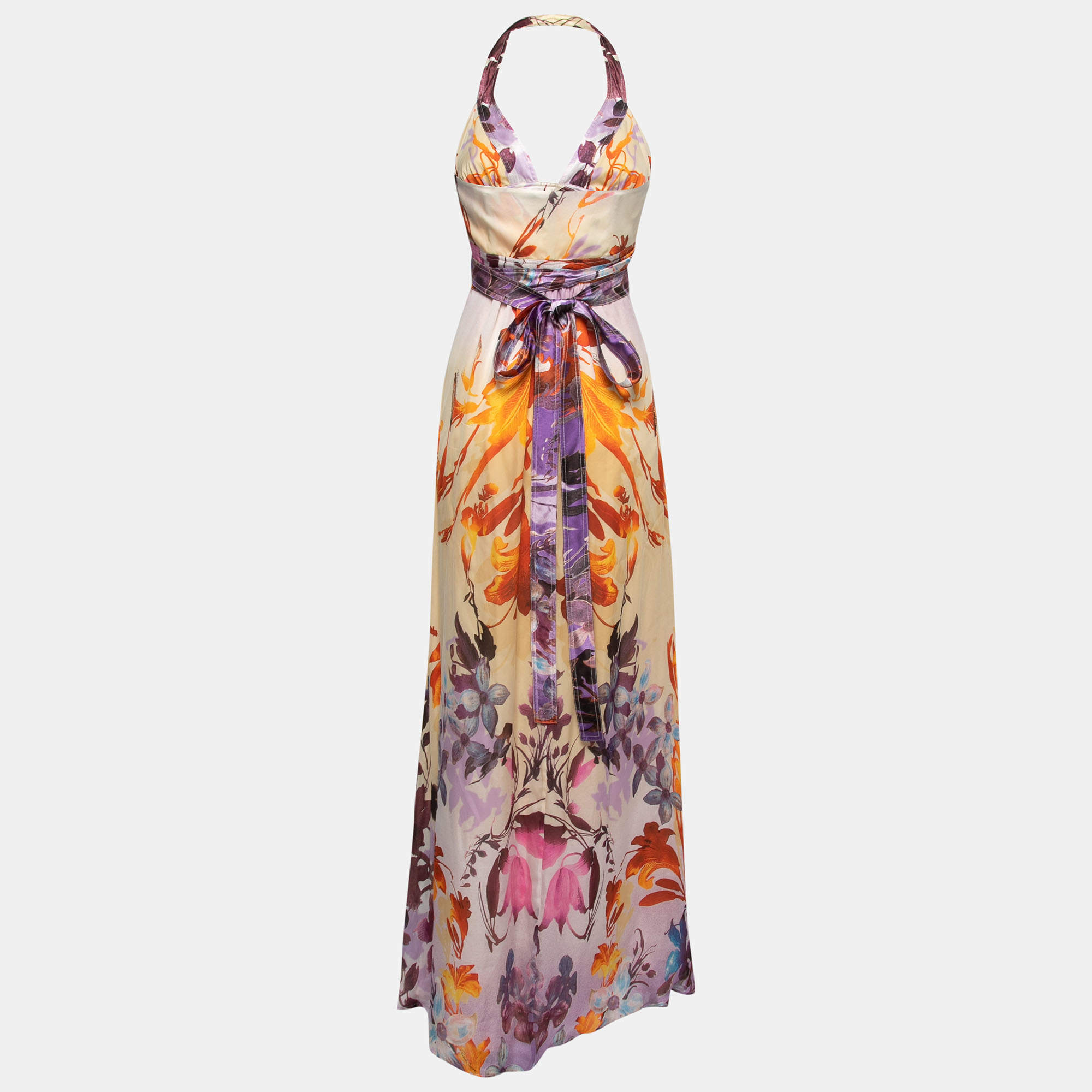 Pre Owned Roberto Cavalli Multicolor Floral Printed Silk Halterneck Wrap Maxi Dress M