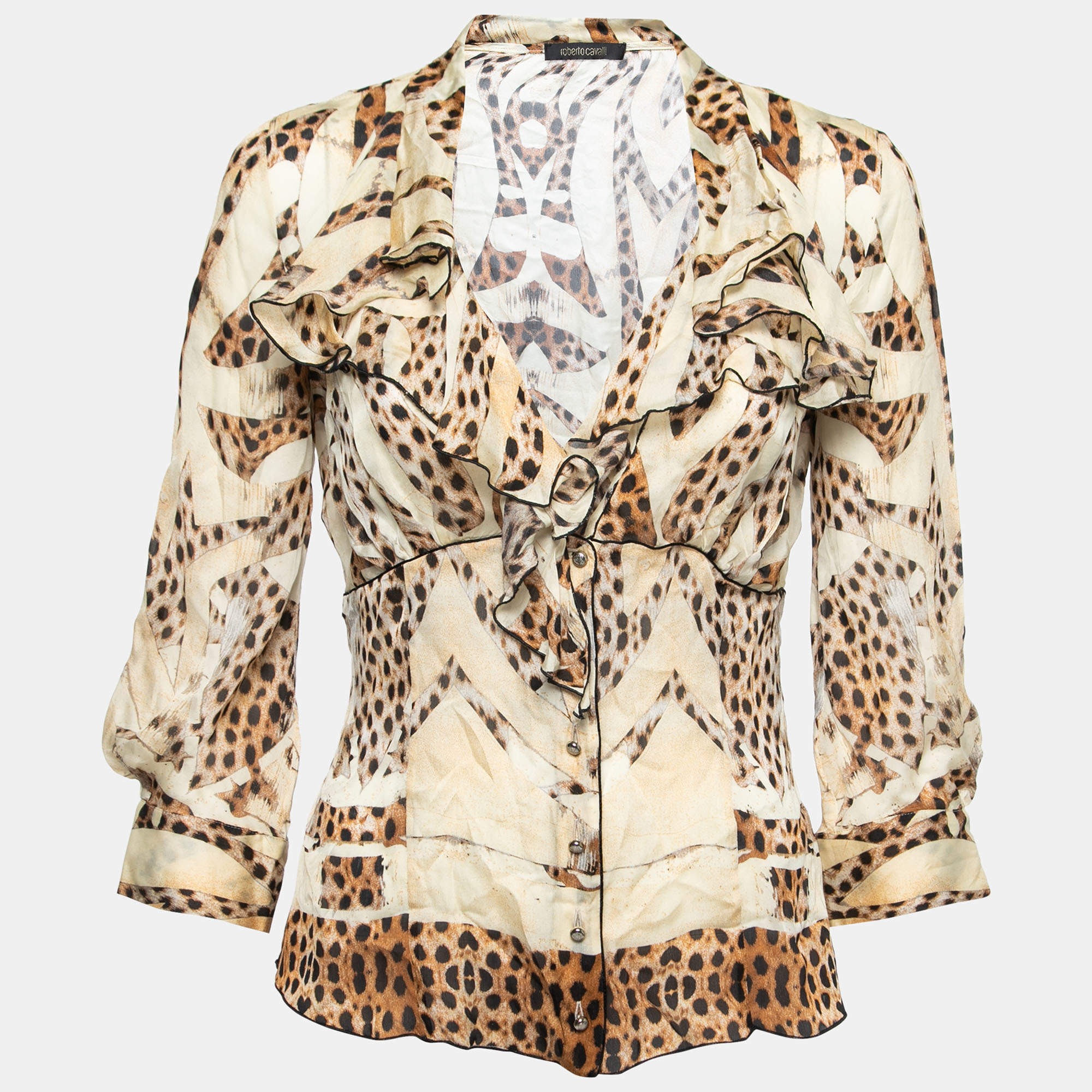 Pre Owned Roberto Cavalli Beige & Brown Animal Printed Silk Ruffled Top M