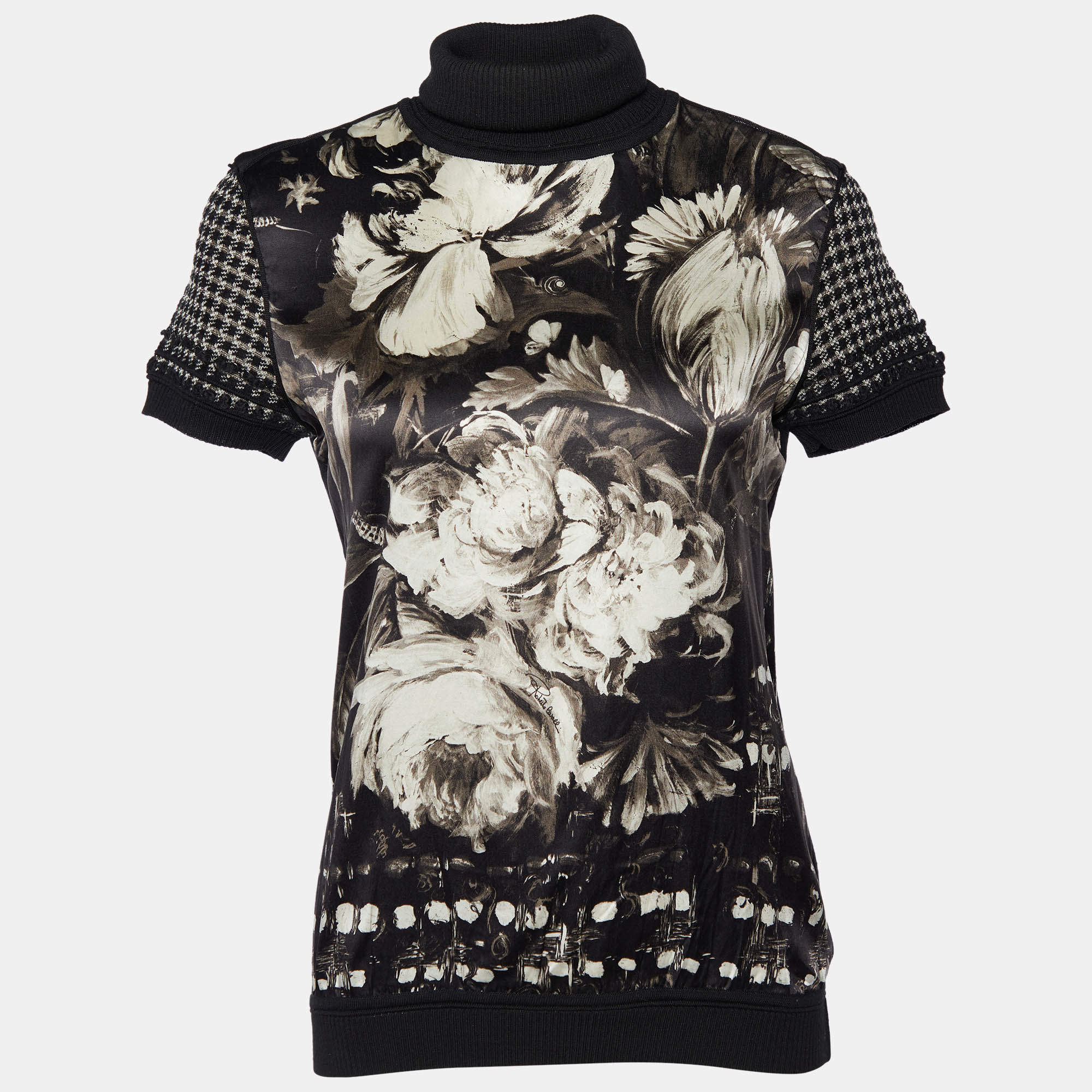 Pre Owned Roberto Cavalli Black Printed Silk & Wool Turtleneck T-Shirt S