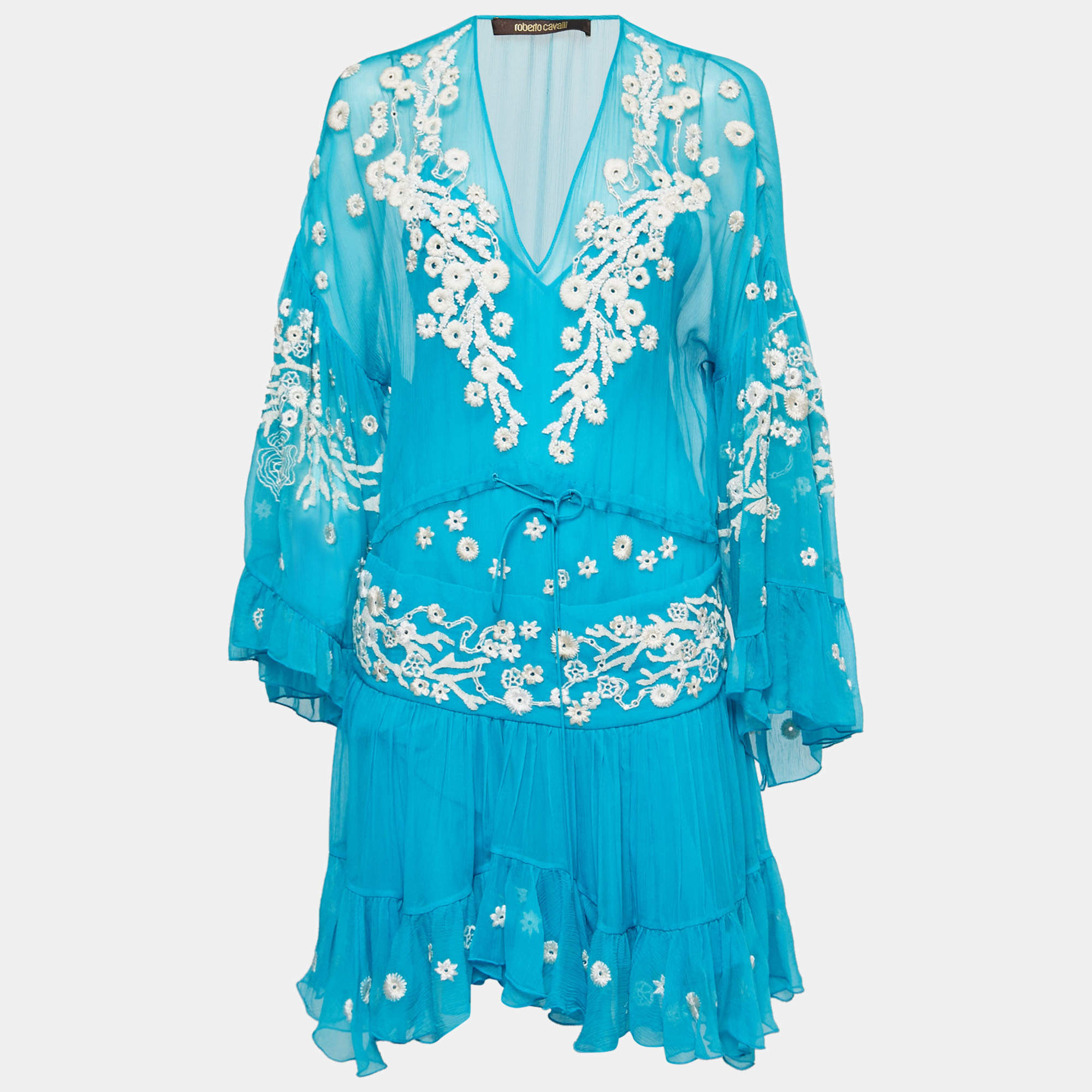 Pre Owned Roberto Cavalli Blue Floral Embroidered Silk Chiffon Dress S 