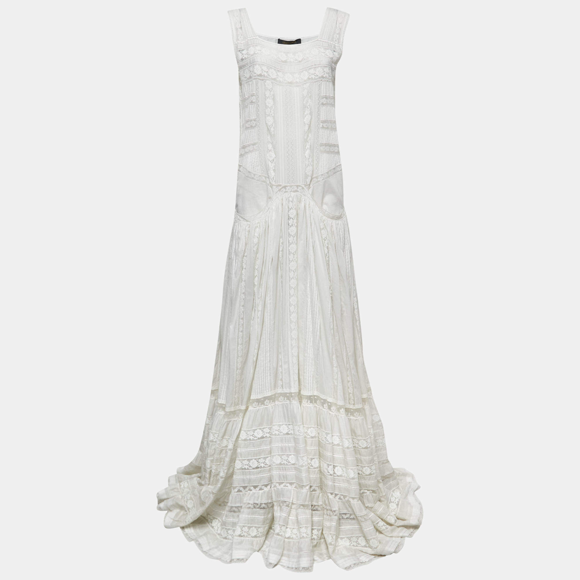 Pre Owned Roberto Cavalli White Cotton & Lace Trim Maxi Dress M