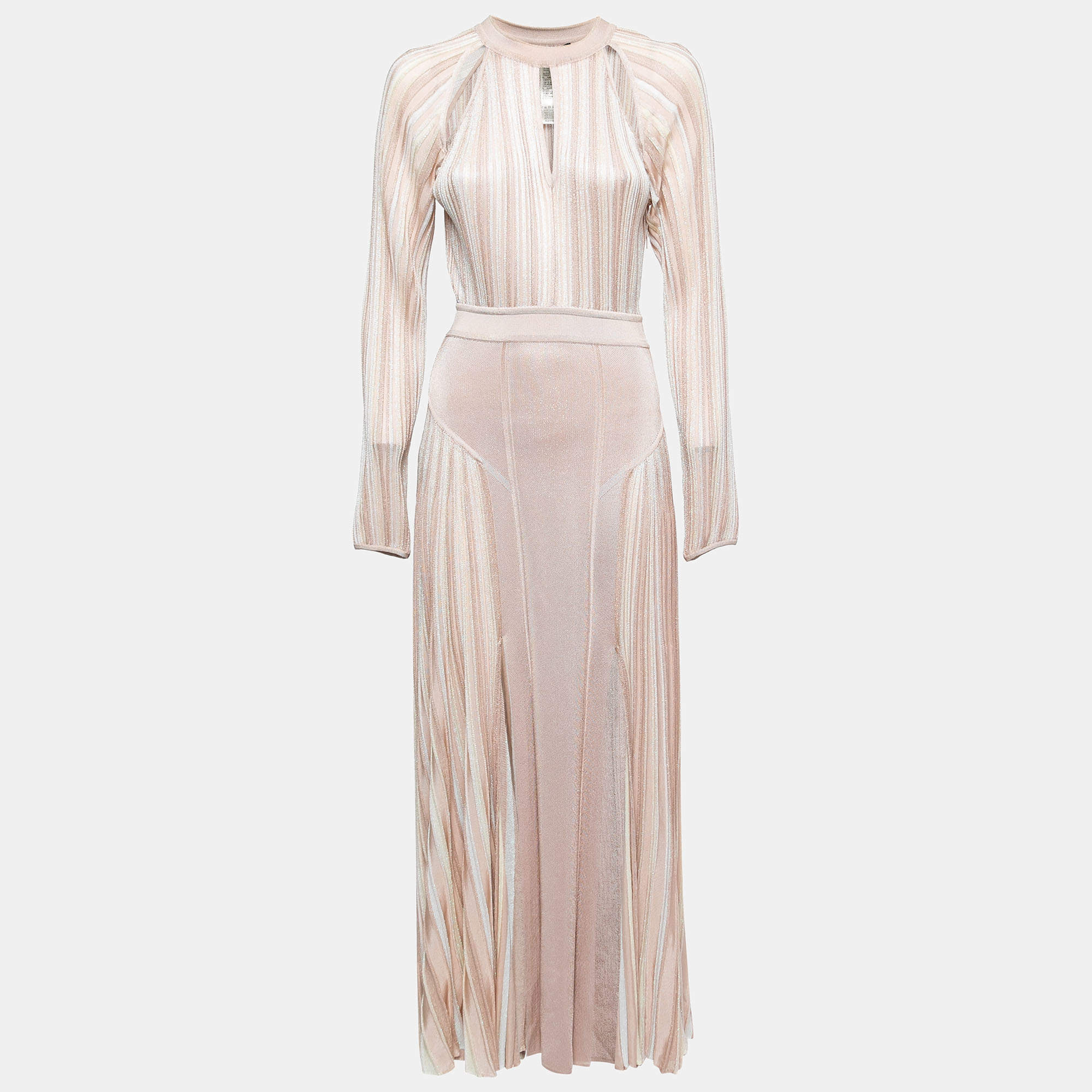 Pre Owned Roberto Cavalli Pale Pink Ribbed Lurex Knit Cutout Detail Maxi Dress M