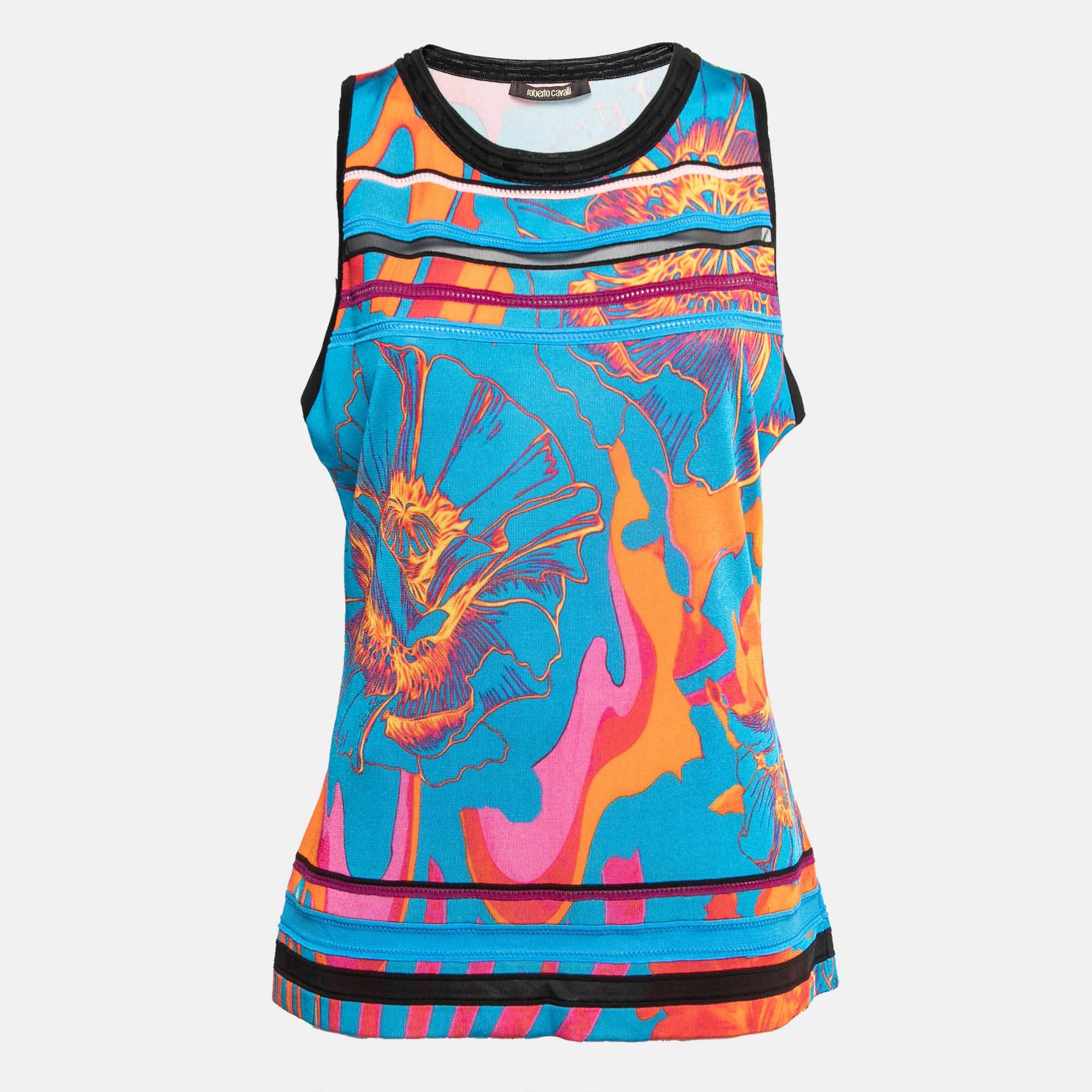 Pre Owned Roberto Cavalli Blue Floral Printed Knit Sleeveless Top L