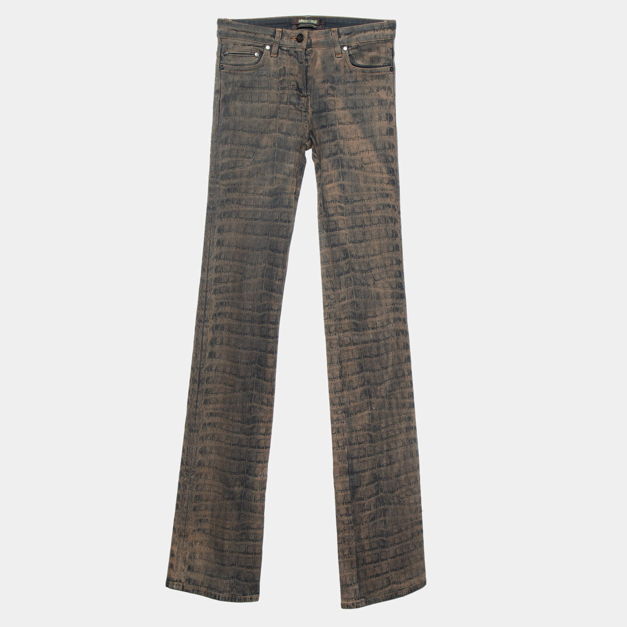 Pre Owned Roberto Cavalli Brown Animal Printed Denim Straight Leg Pants S