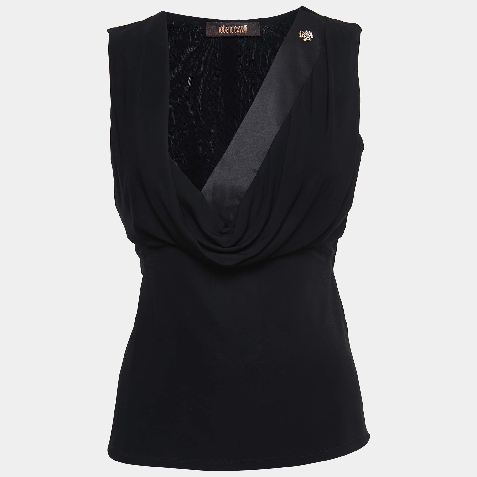 Pre Owned Roberto Cavalli Black Jersey Satin Trimmed Draped V-Neck Top M
