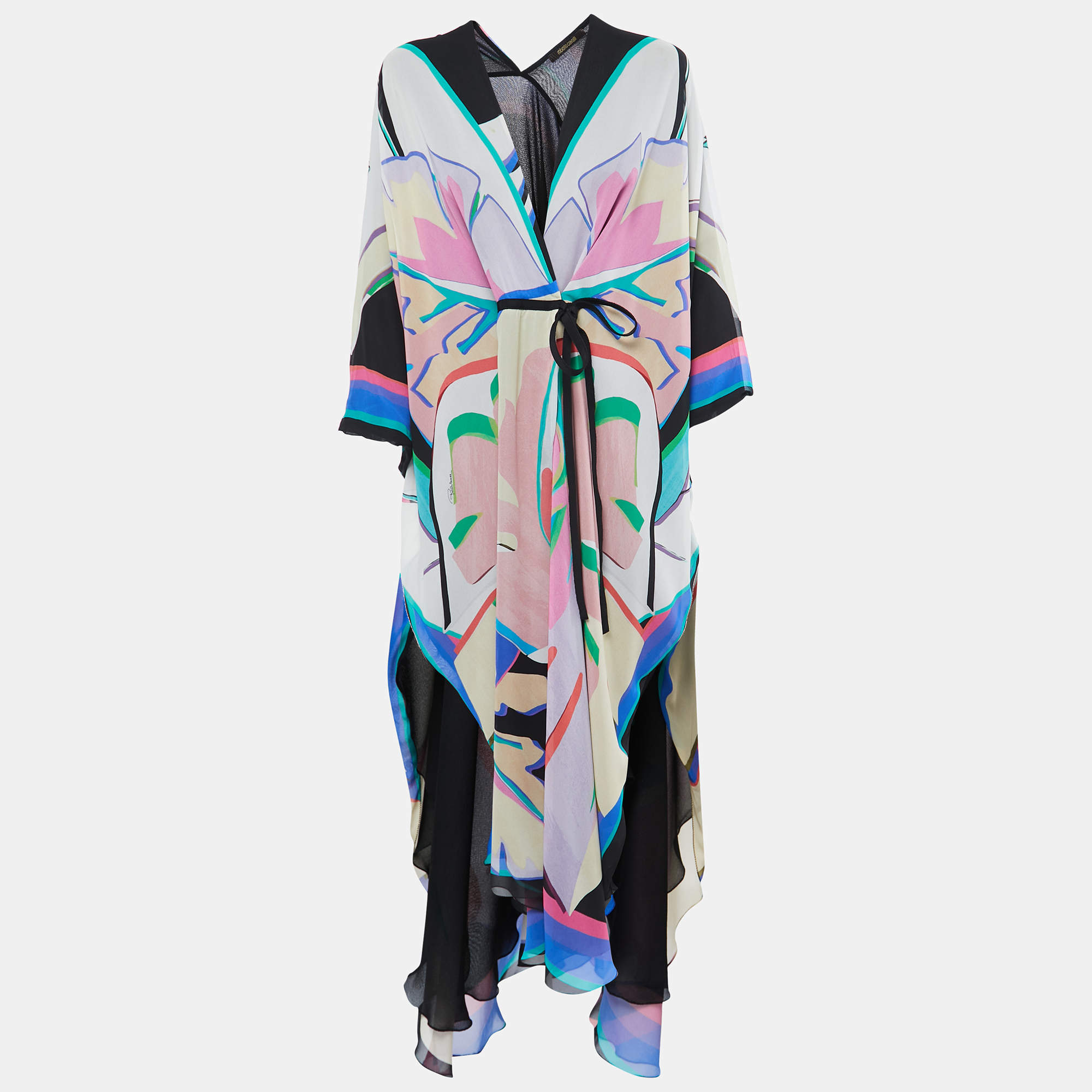 Pre Owned Roberto Cavalli Multicolor Printed Silk Wrap Coverup Dress M