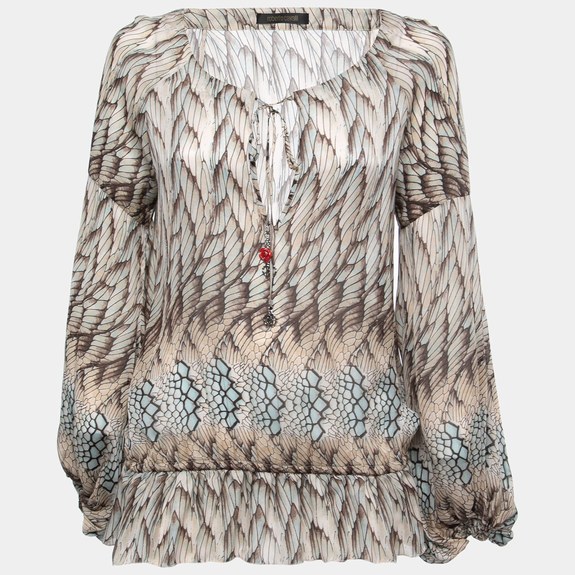 Pre Owned Roberto Cavalli Brown Printed Silk Tie Front Blouse S