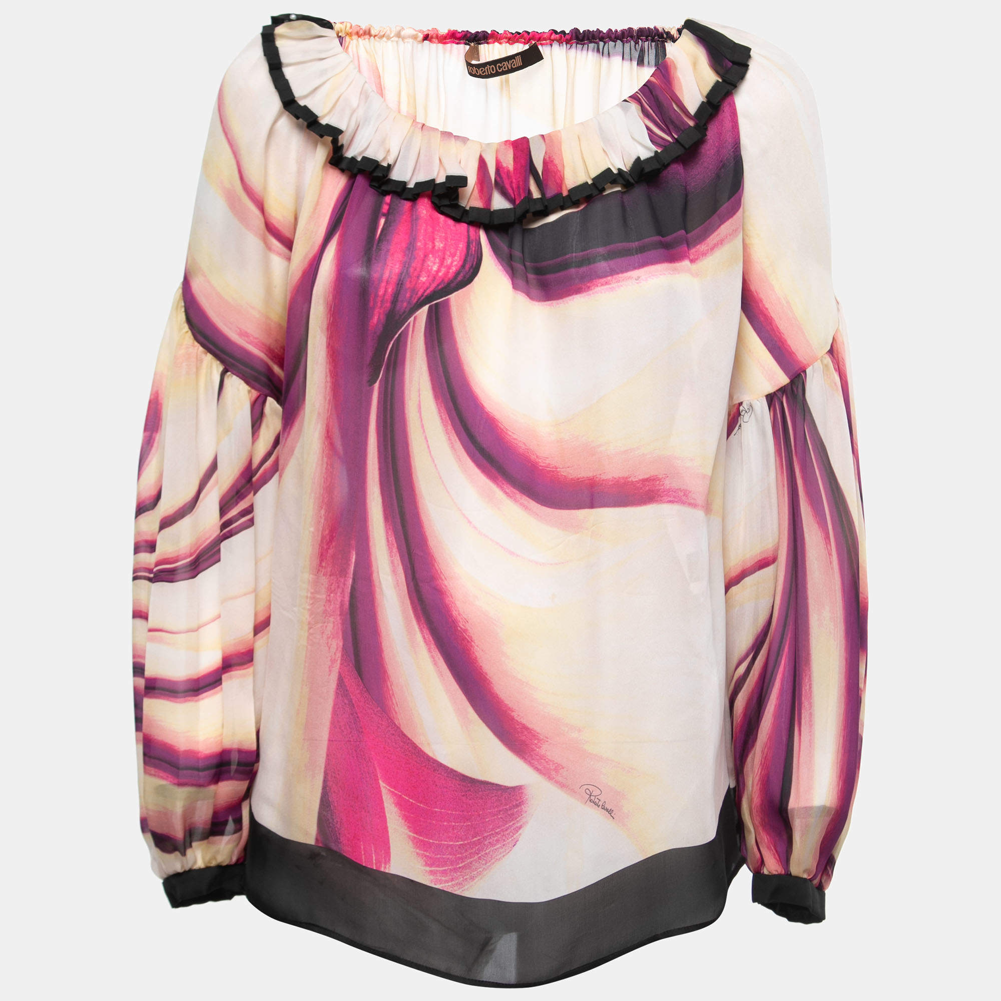 مملوكة مسبقًا Roberto Cavalli Multicolor Printed Silk Pleated Collar Top S
