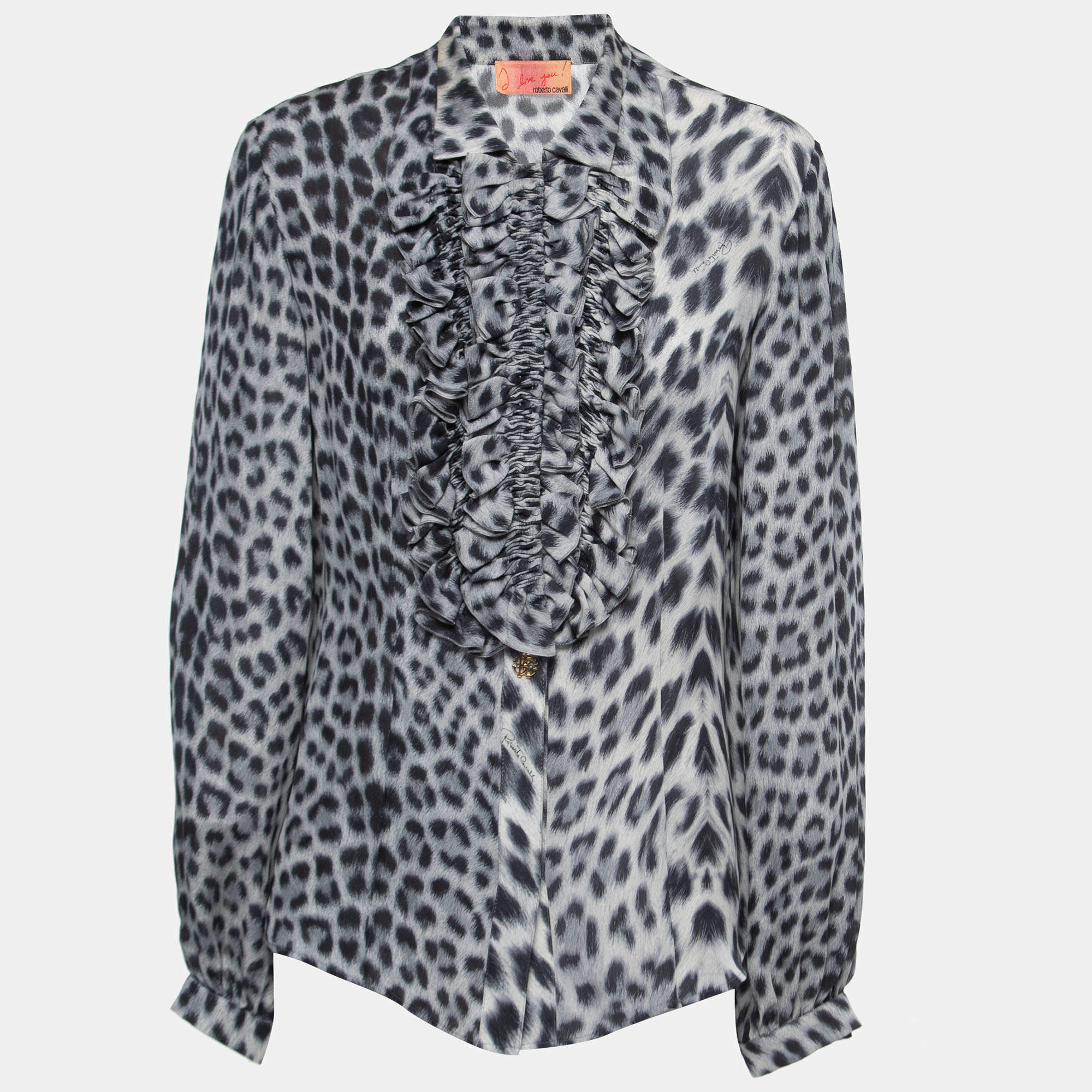 Pre Owned Roberto Cavalli Blue Animal Printed Ruffled Blouse M