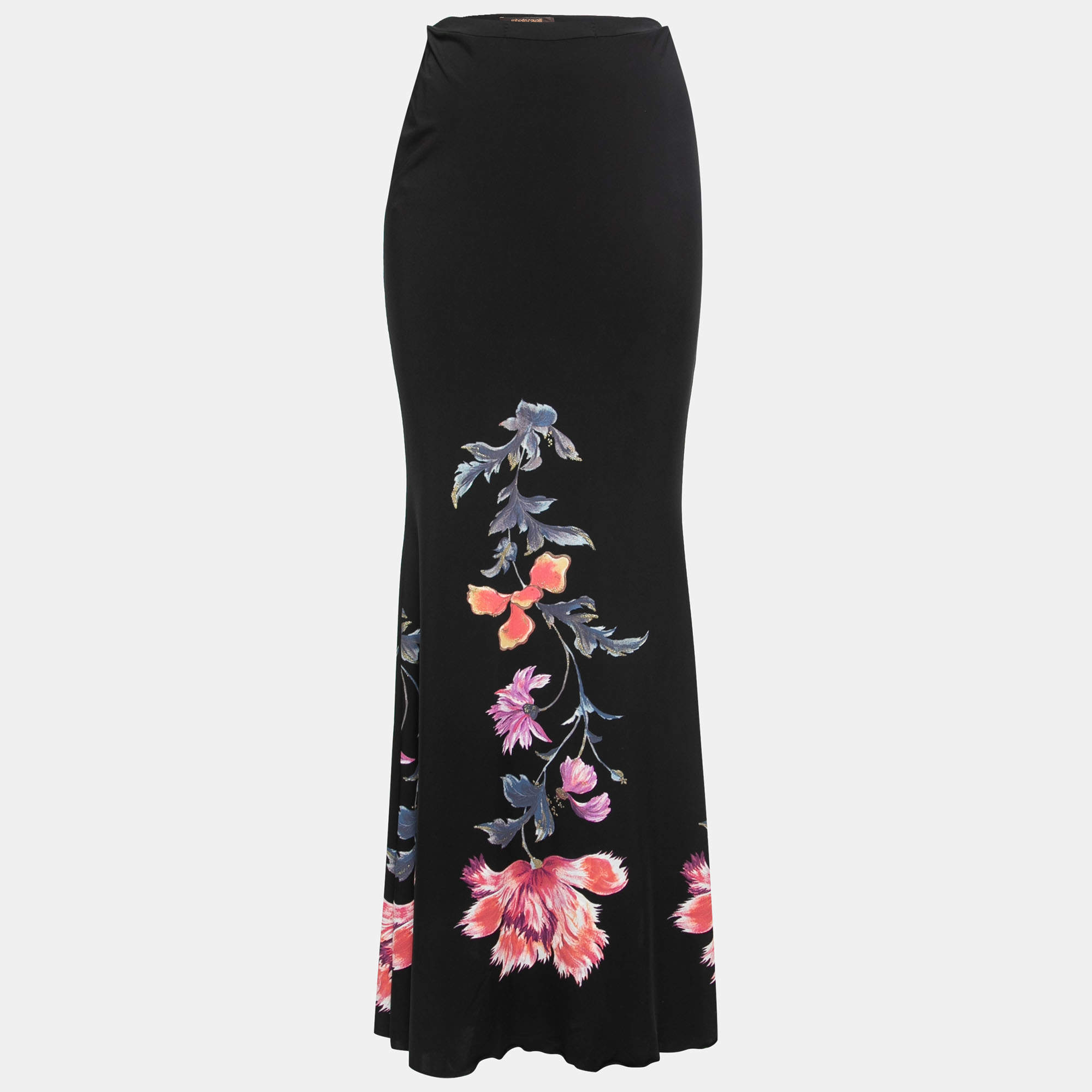 Pre Owned Roberto Cavalli Black Jersey Multicolor Floral Print Pleated Detail Maxi Skirt M