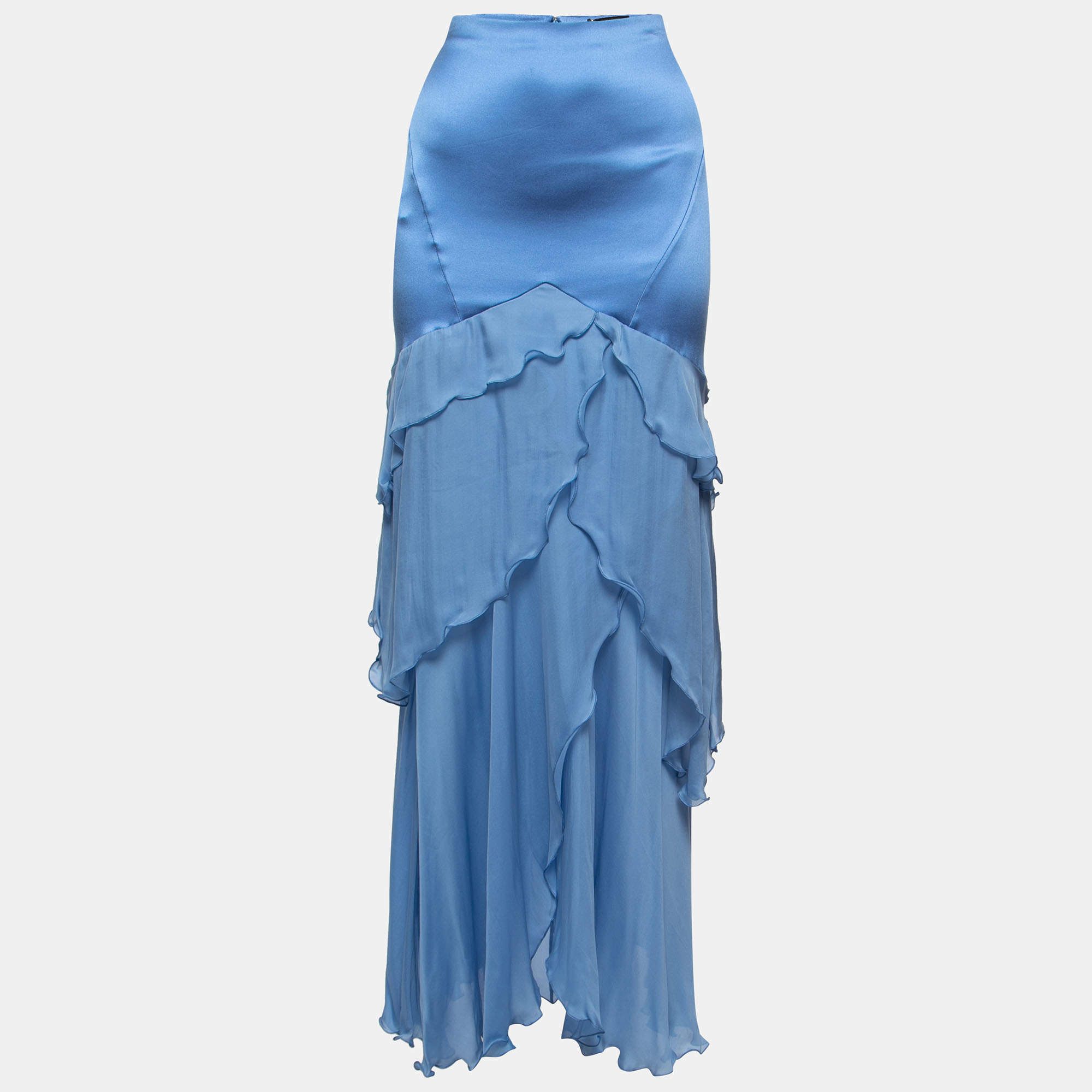 Pre Owned Roberto Cavalli Light Blue Silk Satin Ruffle Detail Maxi Skirt M