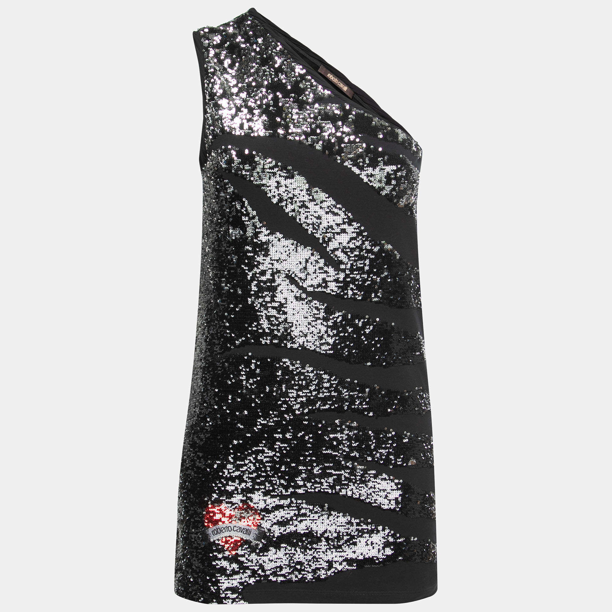 Pre Owned Roberto Cavalli Black Knit Sequined One-Shoulder Mini Dress S