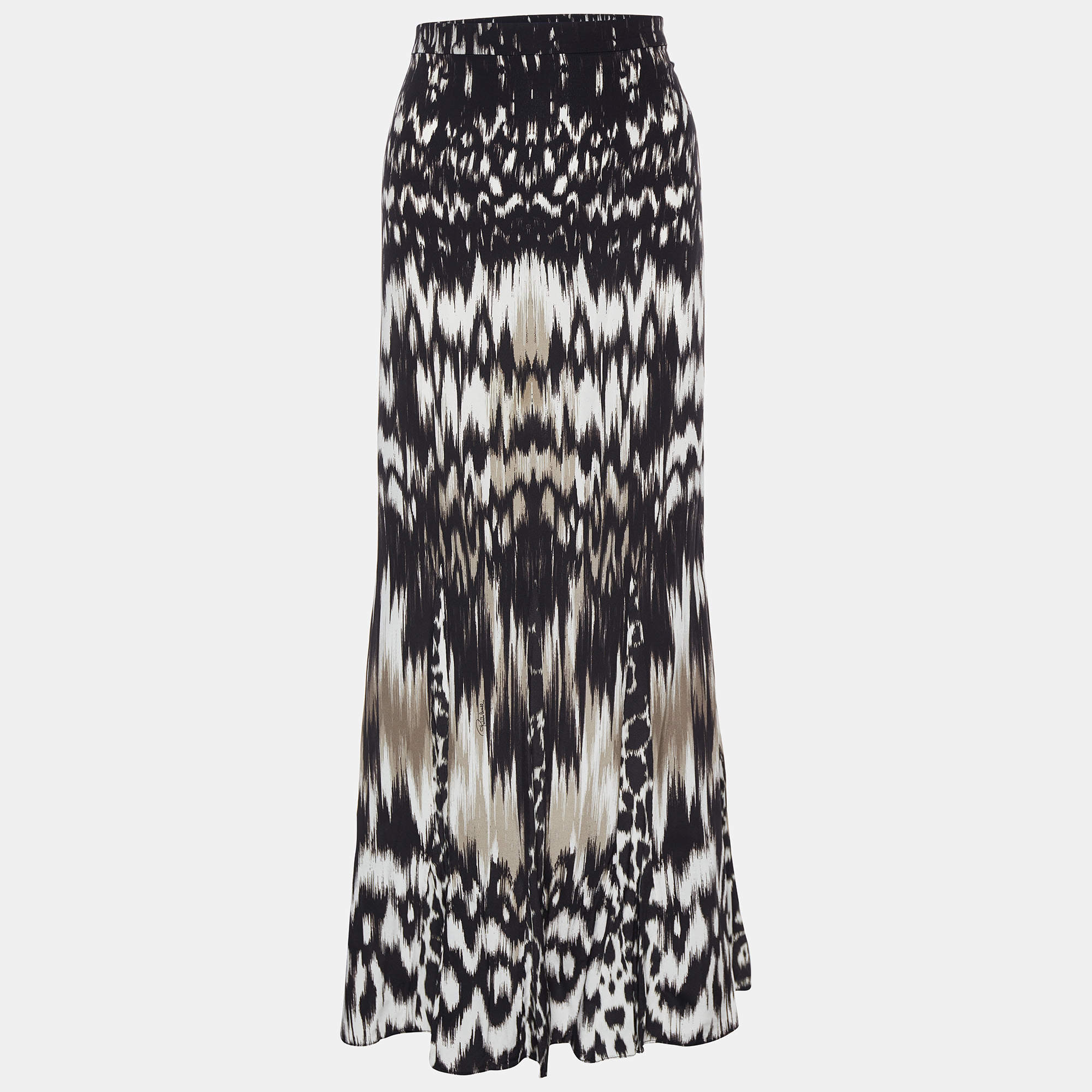 Pre Owned Roberto Cavalli Black Printed Silk Maxi Skirt L