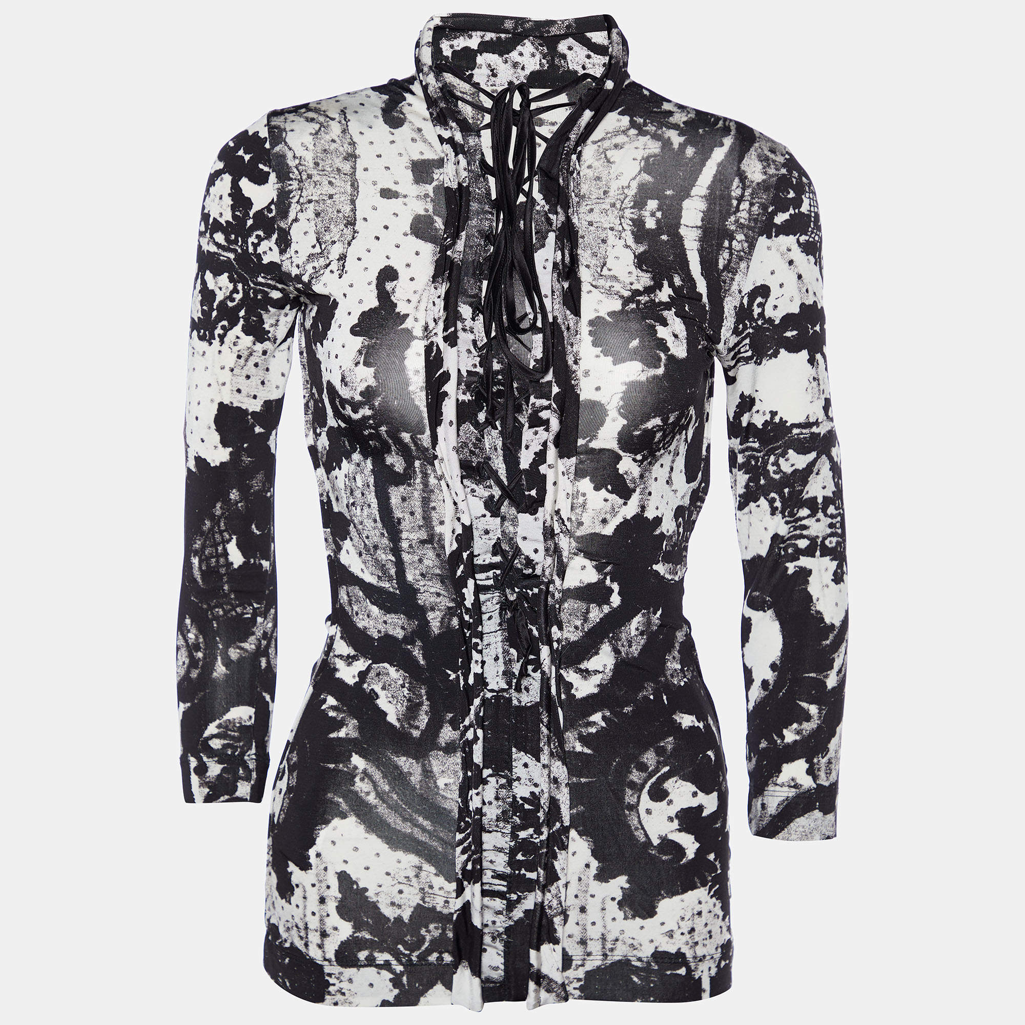 Pre Owned Roberto Cavalli Black Printed Jersey Crossback Tie Detail Top S