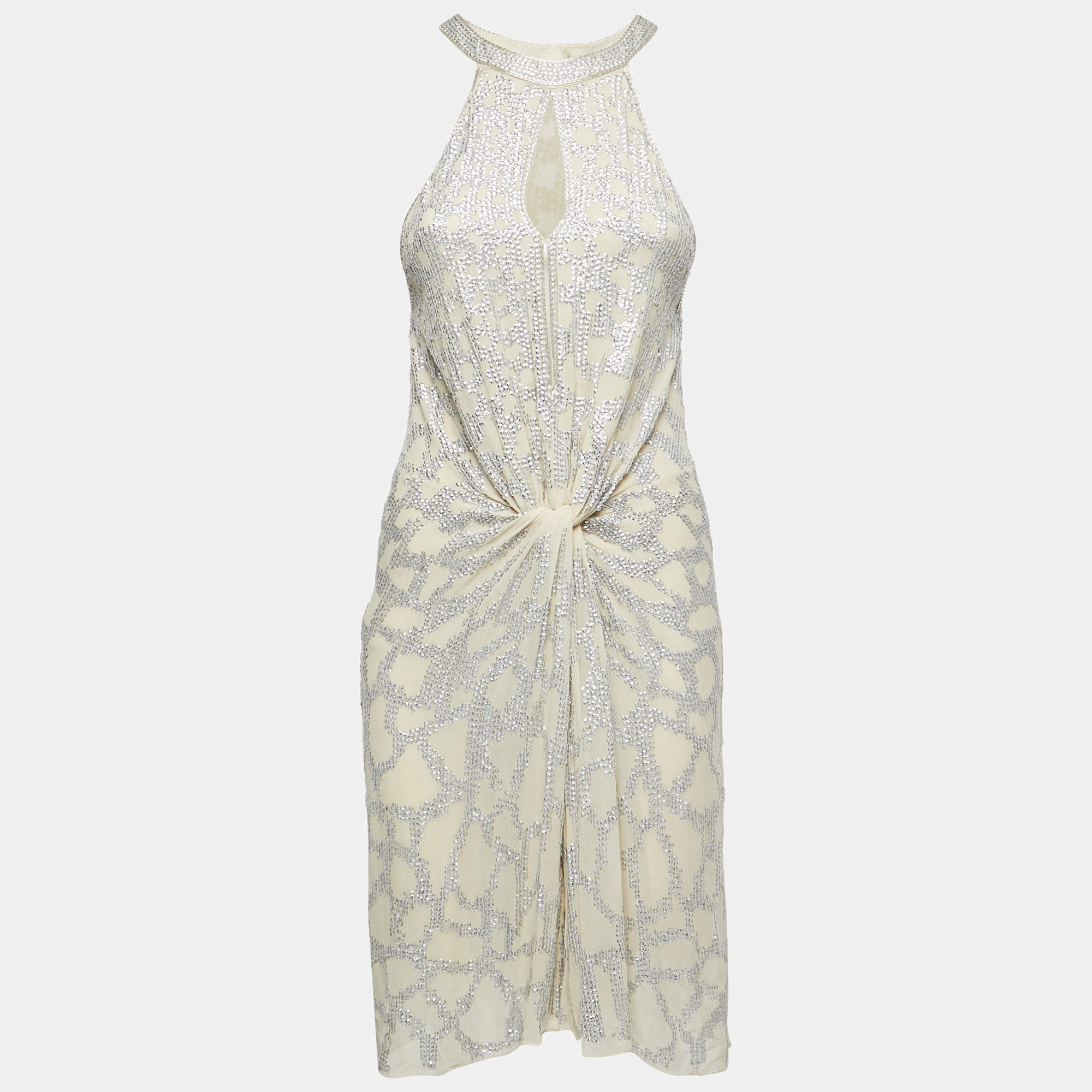 Pre Owned Roberto Cavalli Beige Sequin-Embellished Silk Halter Neck Dress S