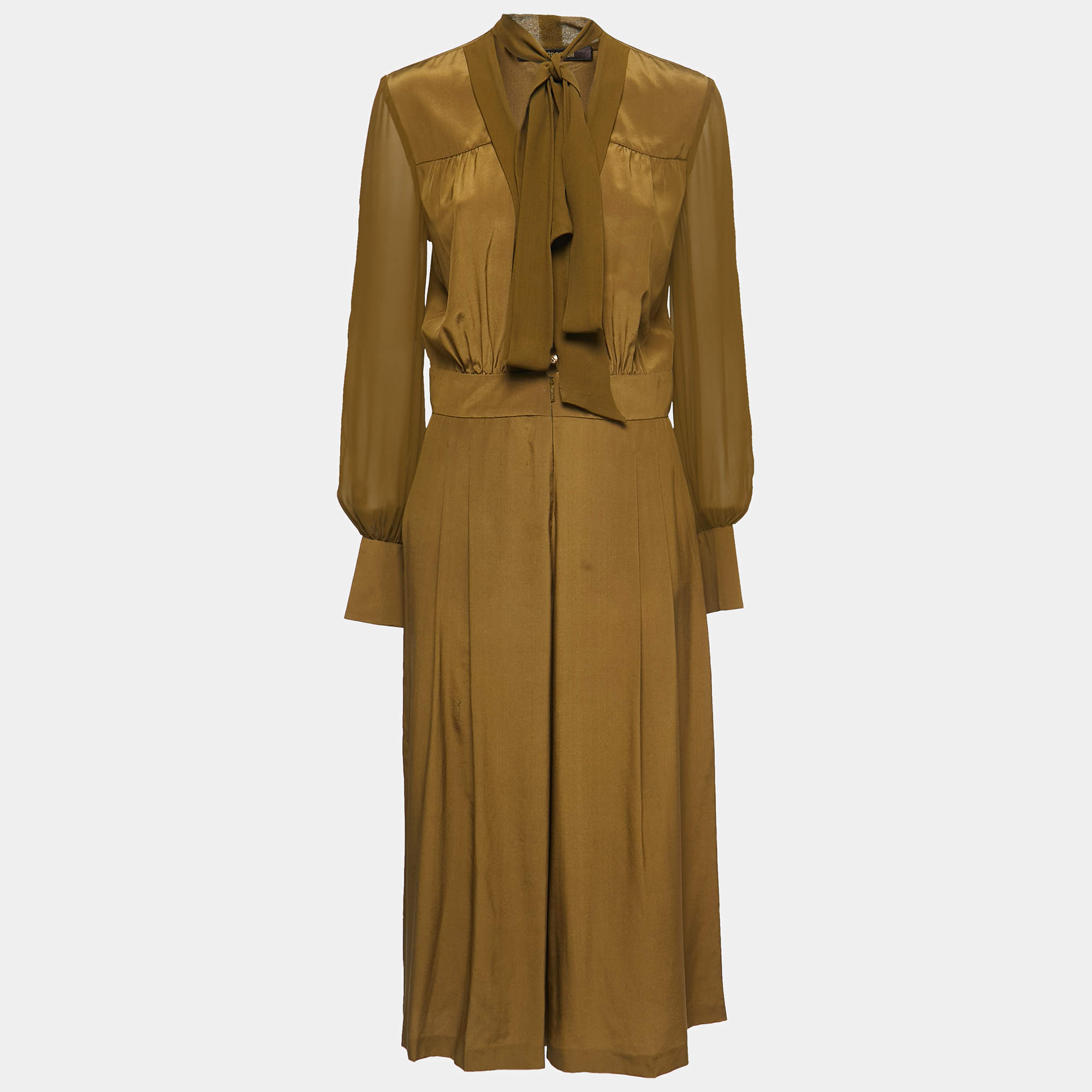 Pre Owned Roberto Cavalli Olive Green Silk Tie Neck Jumpsuit M